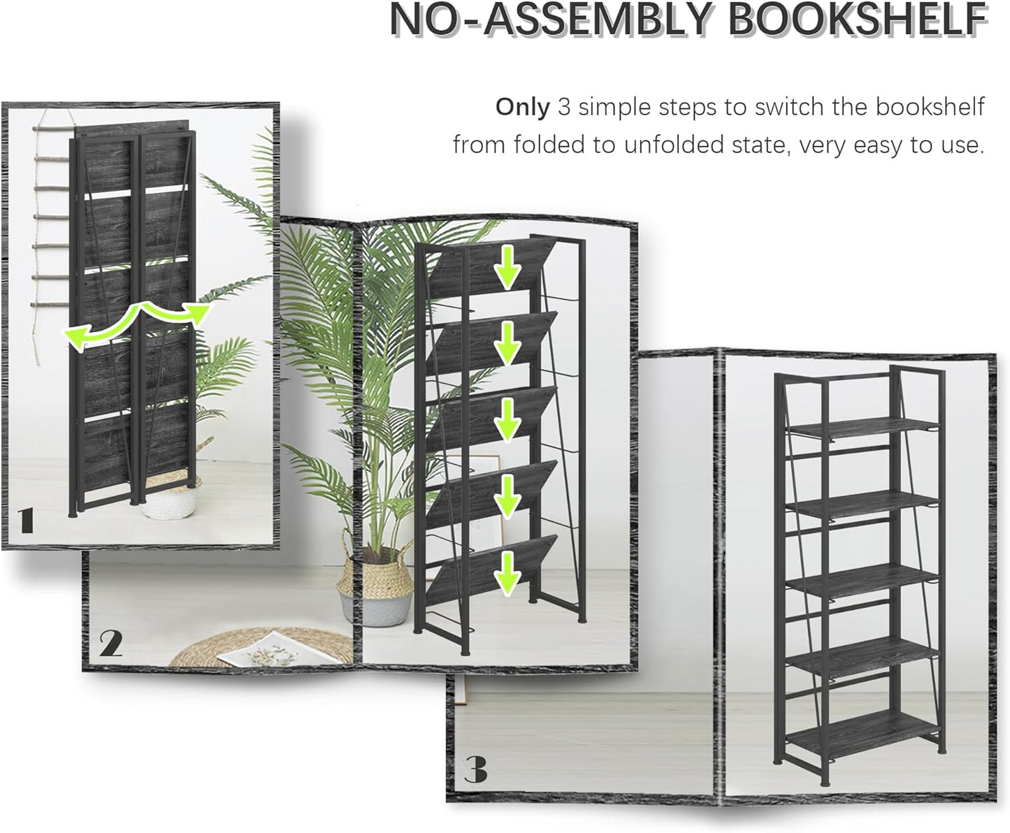 4NM No Assembly Folding Bookshelf, 5-Shelf 62.2" H Collapsible Foldable Bookcase Storage for Small Spaces, Gray and Black