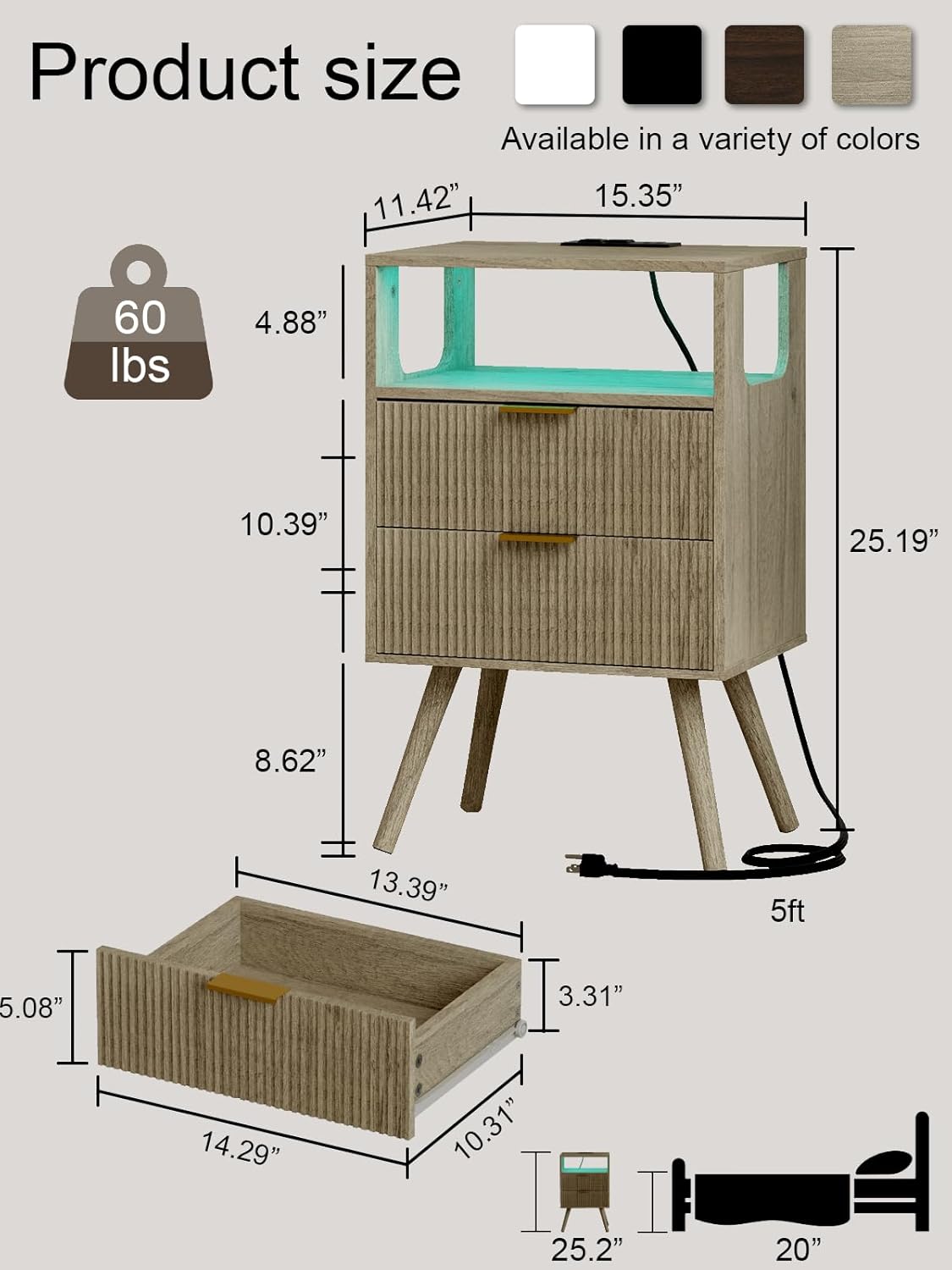 Nightstand, Modern Bedside Table with 2 Storage Drawer and Open Wood Shelf for Bedroom and Small Spaces, Night Stand with Solid Wood Legs (Grey Oak-Outlet)