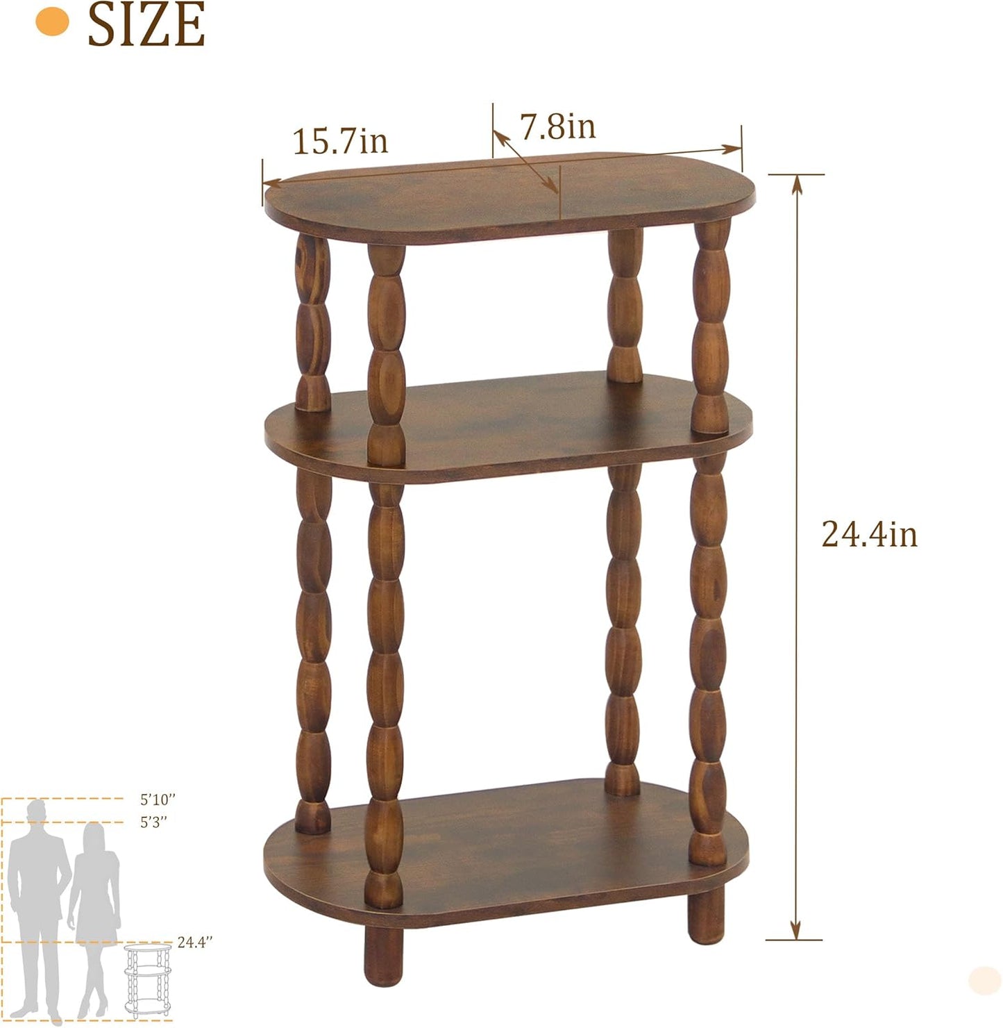 MaxSmeo Small Narrow Side Table, 3-Tier Narrow End Table with Storage, Skinny Side Table Nightstand for Small Space, Bedrooms, Living Room (Rustic Brown)