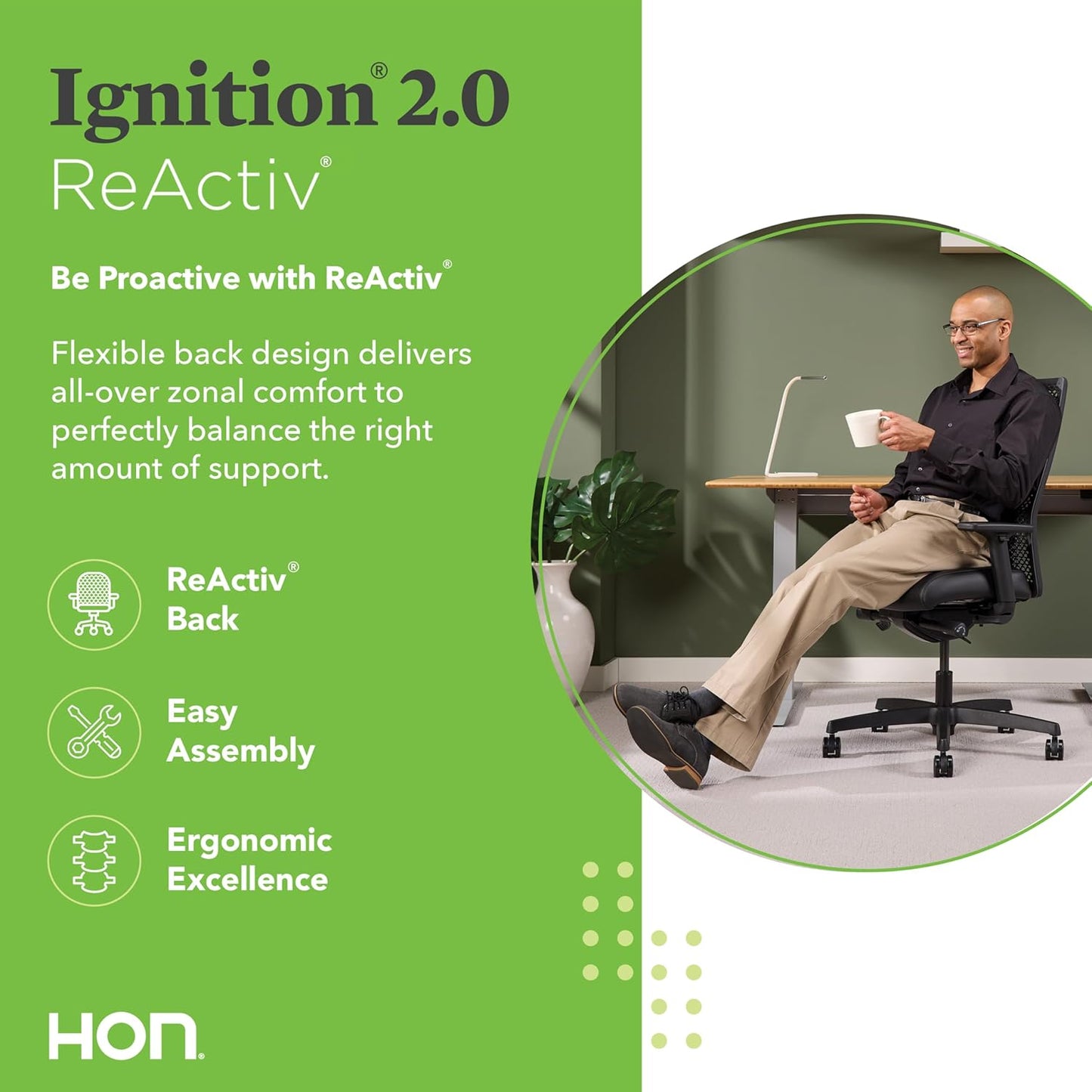 HON Ignition 2.0 ReActiv Ergonomic Office Chair, Standard Synchro-Tilt Recline, Breathable Flex Back, Swivel Wheels, Comfortable Desk Chair for Long Hours, Black Frame, Black
