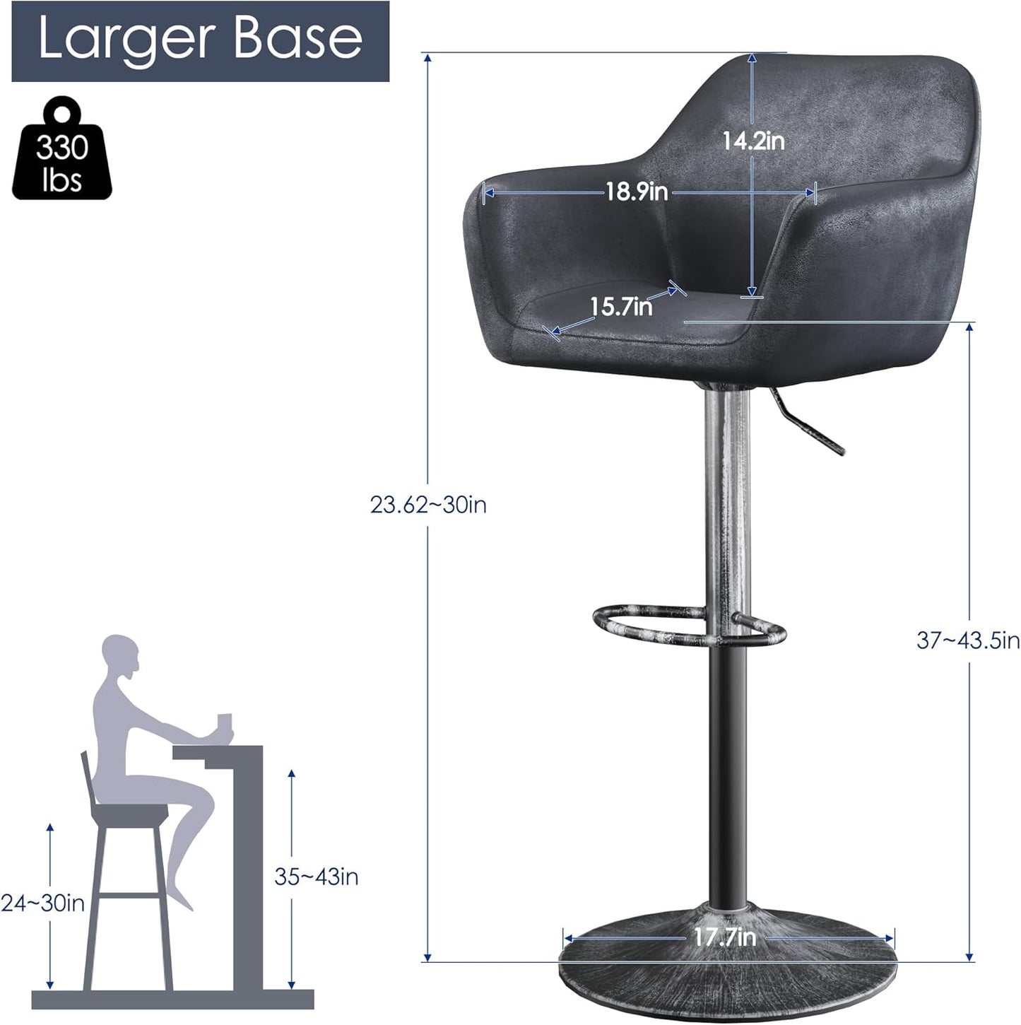 Keyluv Bar Stools Set of 2 for Kitchen Counter Adjustable Height Swivel Barstools 29 Inch Faux Leather Bar Chairs with Padded Back and Chromed Metal Base, Retro Black