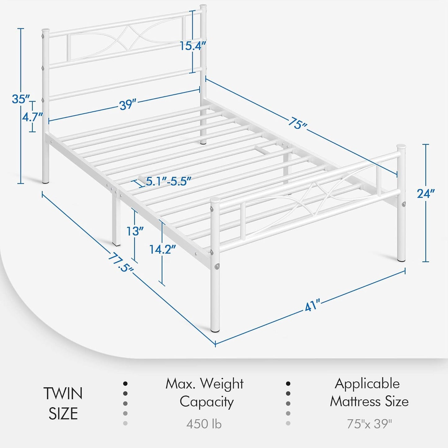 Yaheetech Metal Twin Size Bed Frame, Platform Bed Frame, Mattress Foundation with Curved Design Headboard & Footboard, NO Box Spring Needed, Heavy-Duty Support, Easy Assembly, Twin, White