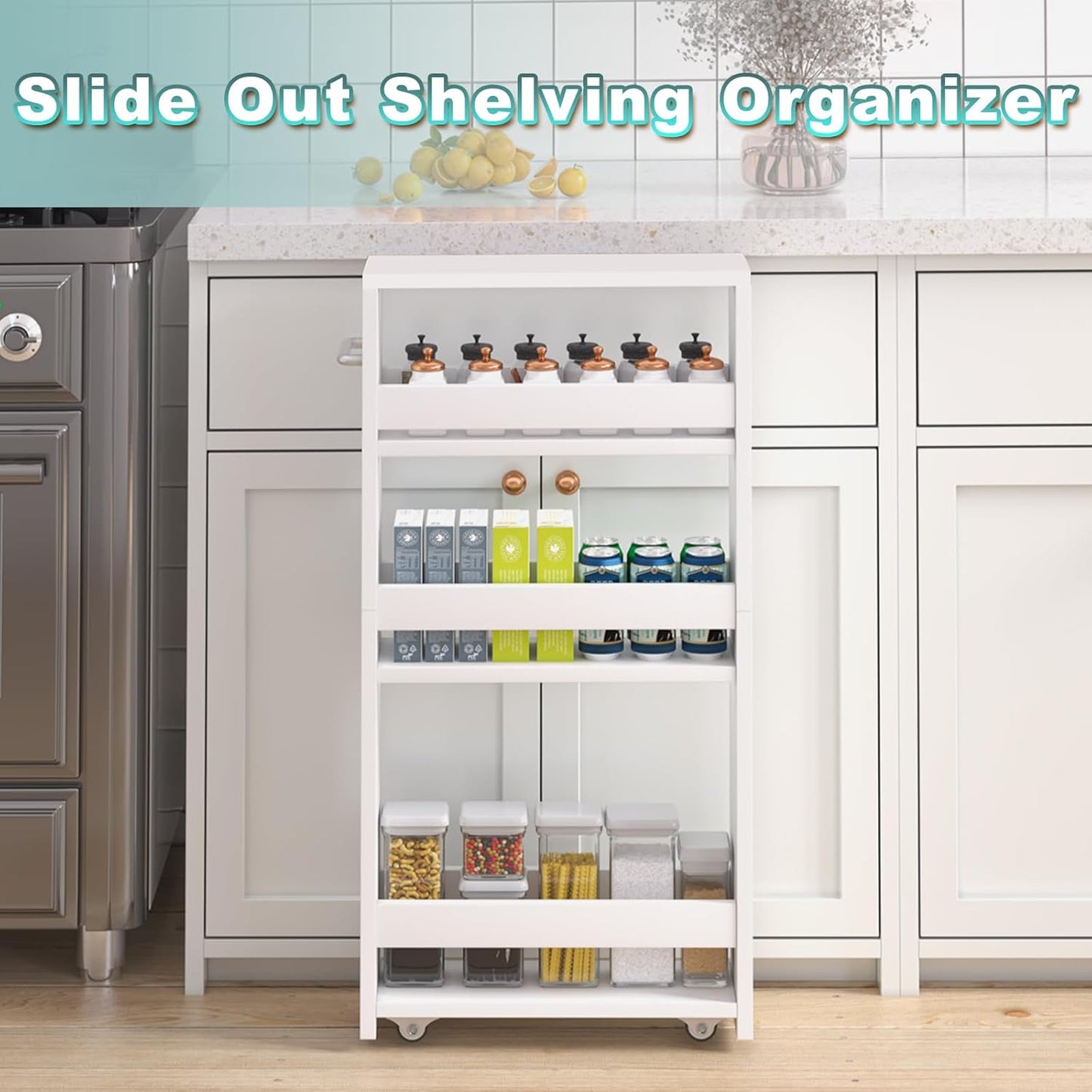 MARTY White Slim Storage Cart with Wheels, 4 Tier Rolling Utility Cart with Handle Slide Out Shelving Unit Organizer Trolley for Laundry Kitchen Bathroom Narrow Places Small Corner