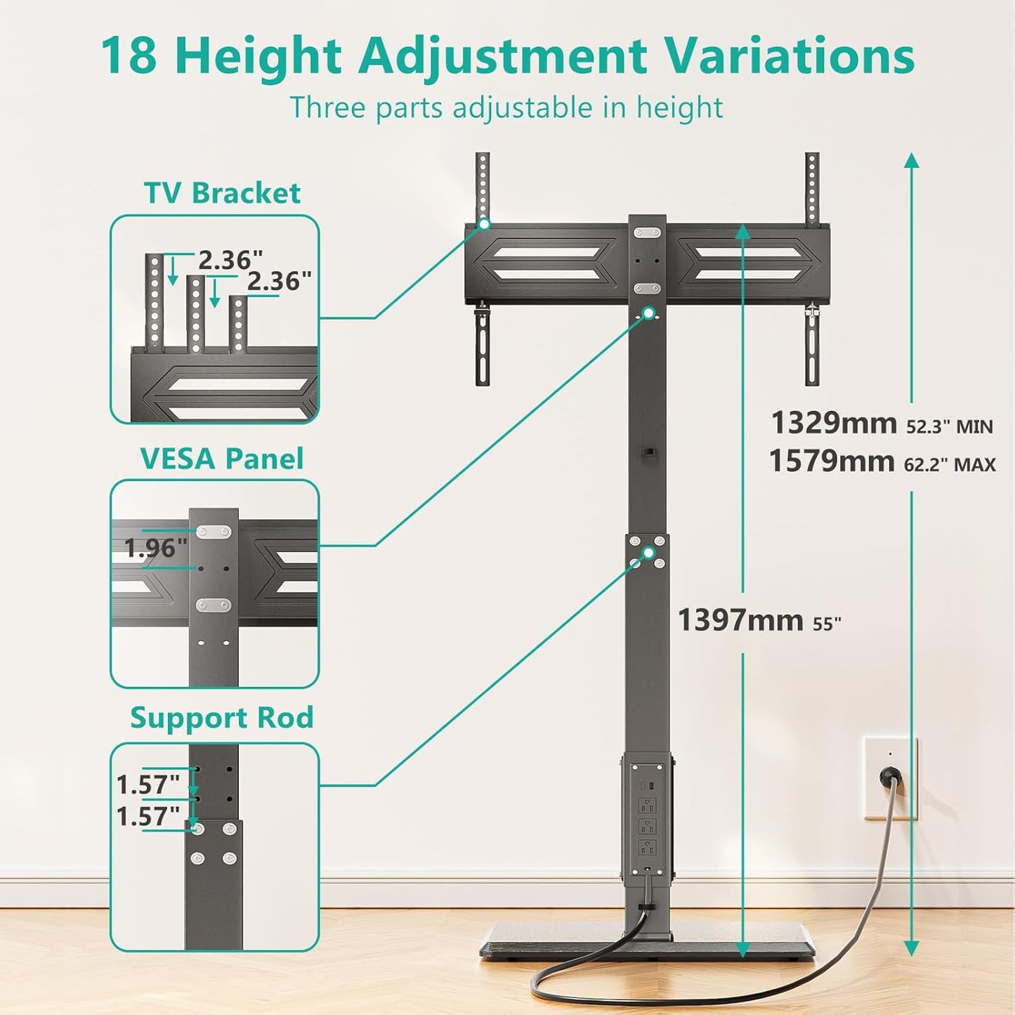 WALI Floor TV Stand with Power Outlet, Tall TV Stand Mount for 32-75 inch TV up to 110 lbs, Swivel and Height Adjustable TV Stands with Wood Base for Bedroom, Office(TVDVD-7P), Black