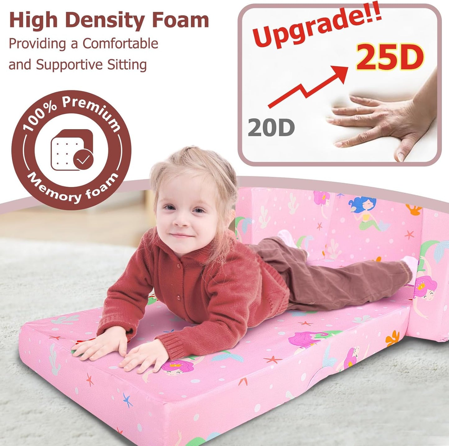 Kids Couch, 2-in-1 Kids Fold Out Sofa, Convertible Toddler Couch to Lounger for Girls and Boys, Soft Toddler Chairs Comfy 1-3 Years Old(Mermaid)