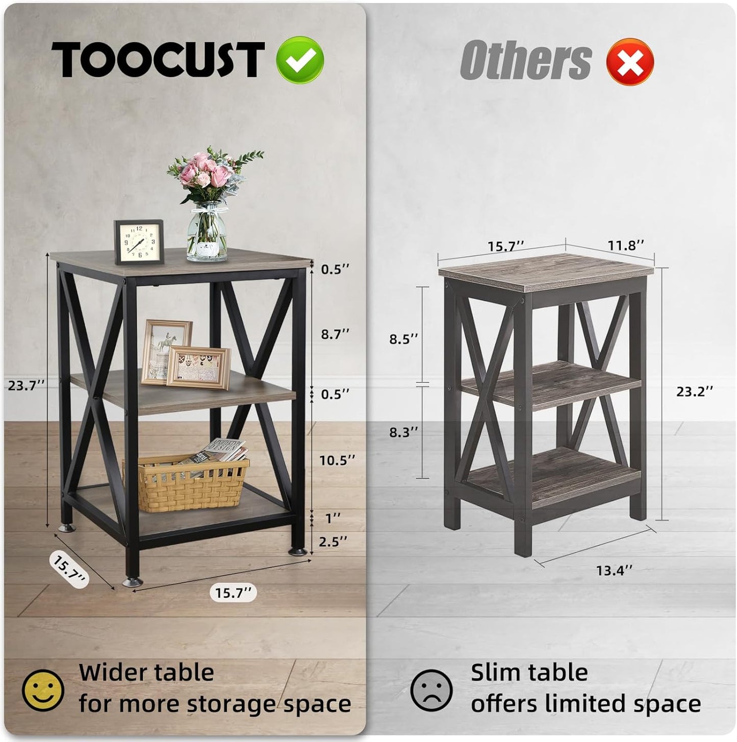 End Tables Living Room Set of 2, 16" D x 16" W x 24" H, Indoor Side Tables Living Room with Storage Shelf, Square End Table Set of 2, X-Shaped Night Stands for Bedroom, Farmhouse Wood End Tables, Grey