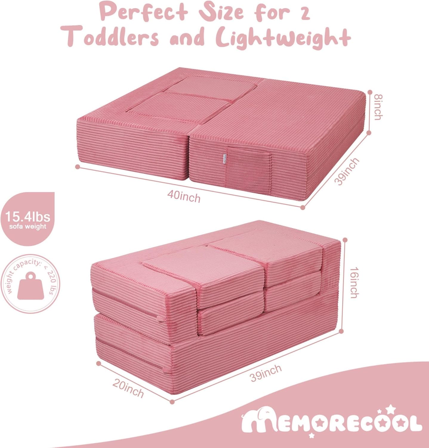 MeMoreCool Modular Kids Couch, Corduroy Play Toddler Couch for Bedroom Playroom Furniture, Convertible Foam Kids Sofa Bed, Fold Out Baby Sofa for Girl Boy, Pink