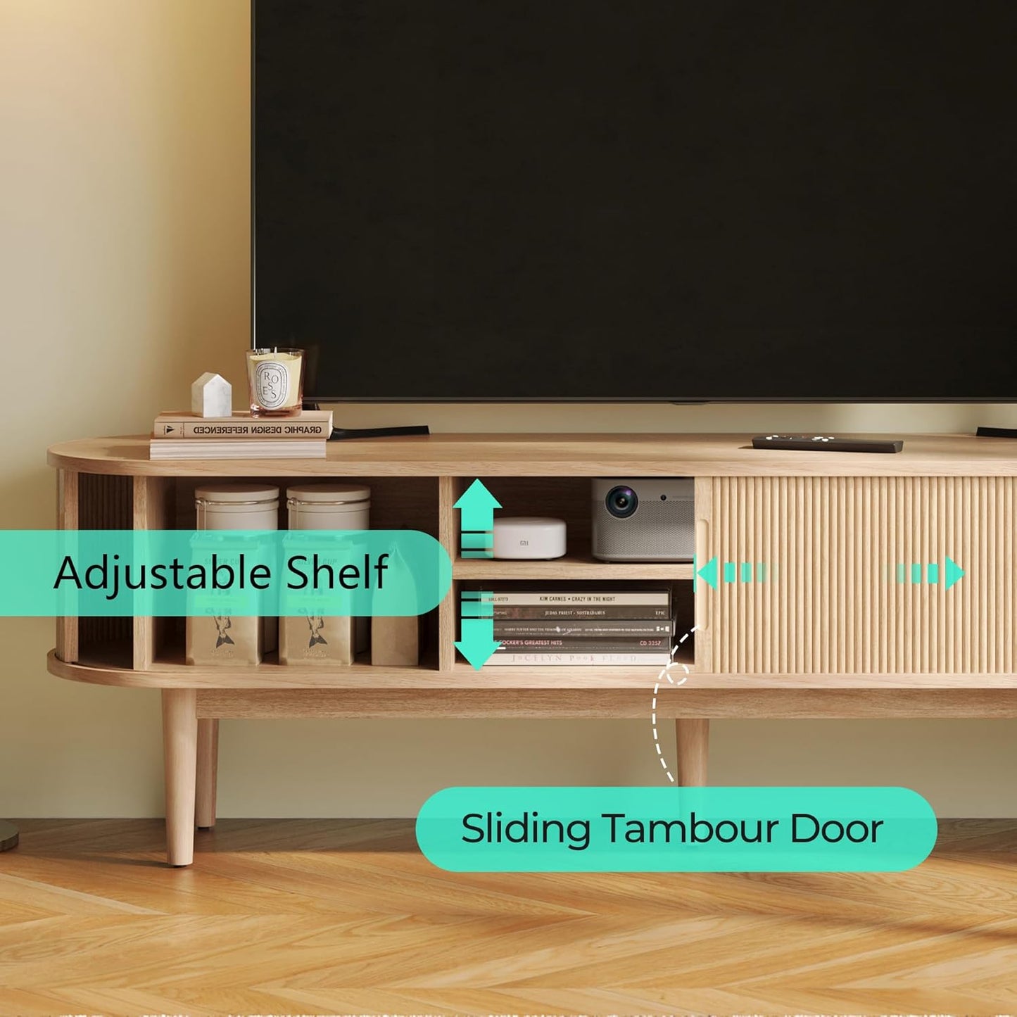 LINSY 58" Fluted TV Stand, Modern Entertainment Center for TVs Up to 65 inches, TV Console with Sliding Doors, Curved Profile Design, Media Console for Living Room, Light Wood