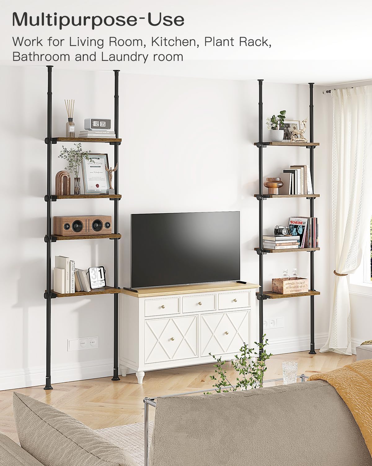 ALLZONE Adjustable Tall Narrow Bookshelf for Bedroom, 4-Tier Ladder Bookcase for Small Spaces, Tension Mount Tall Skinny Book Shelf with Open Storage, 64 to 113Inch Height