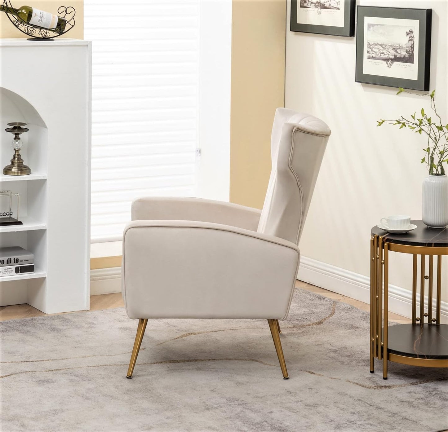 Container Furniture Direct Modern Velvet Accent Chair, Channel Tufted Bedroom, Office or Living Room Furniture with Elegant Metal Legs, 26" Wide Armchair, Beige