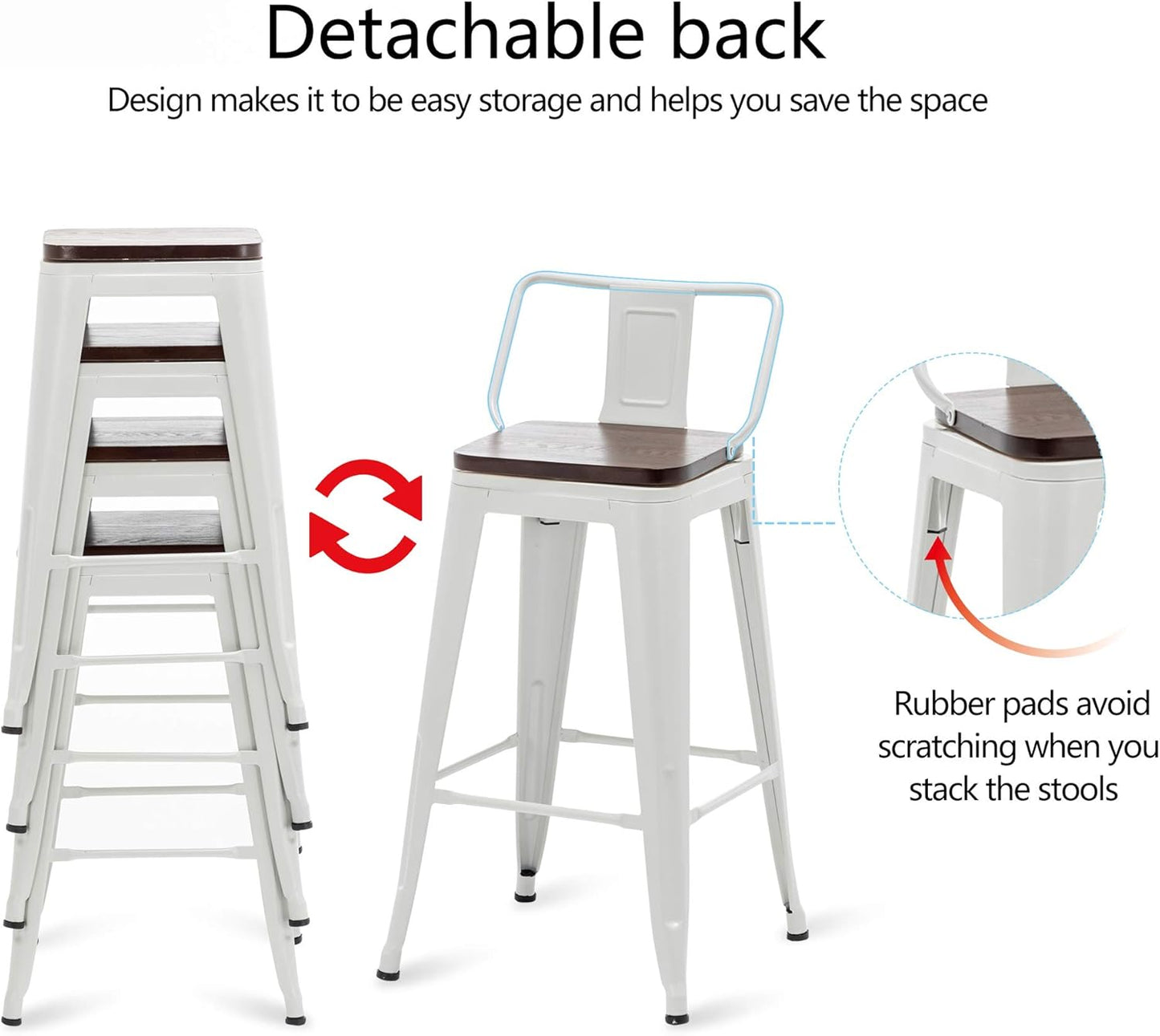 24 Inch Swivel Bar Stools Set of 4 with Backs Counter Height Industrial Metal Barstools Island Bar Chairs for Home Kitchen Dining Room (Swivel 24 inch, White Wooden)