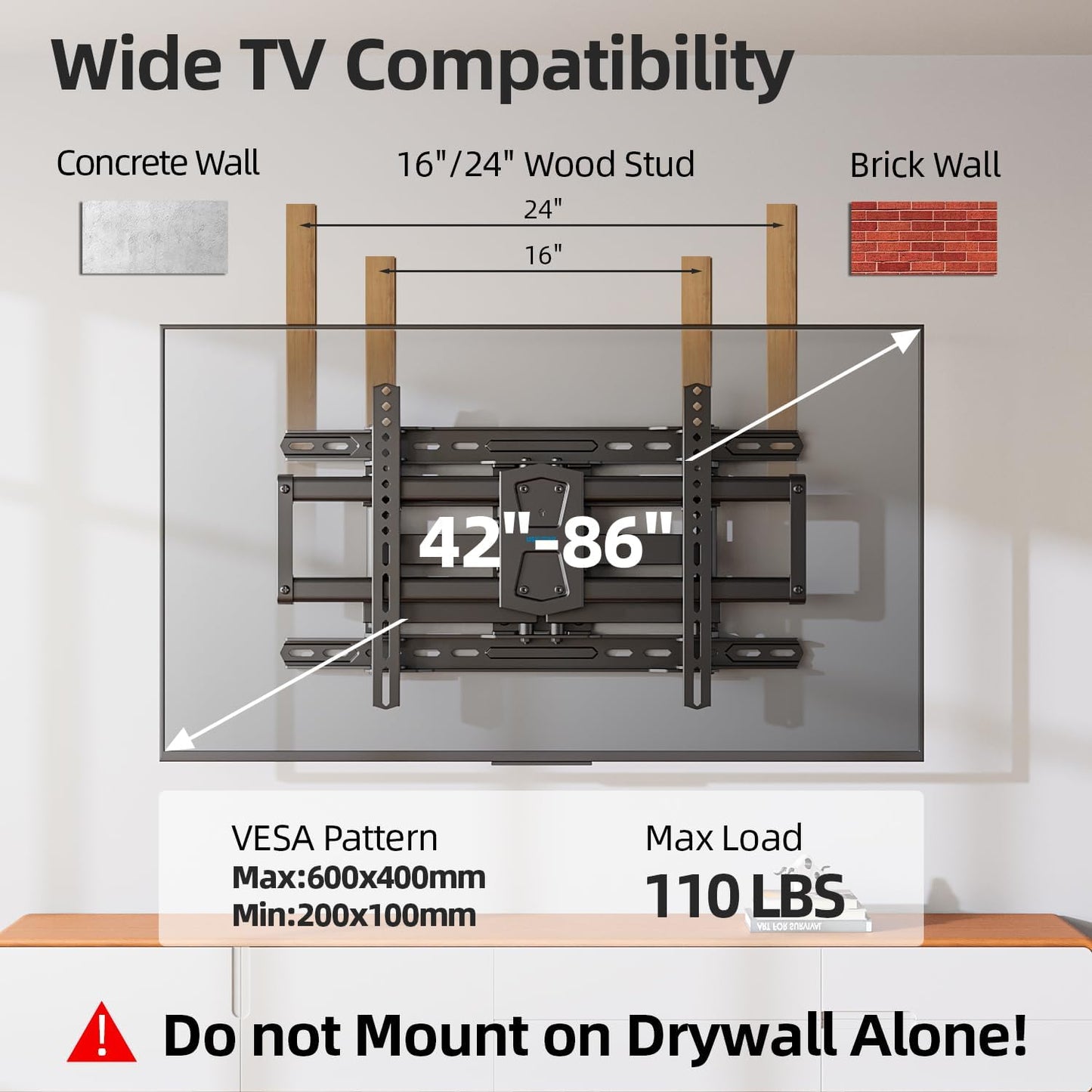 Full Motion TV Wall Mount 24 inch Studs for Most 42-86 Inch TVs, Adjustable TV Wall Mount Swivel and Tilt, Loading 110 LBS, Max VESA 600x400mm, Fits 16", 18", 24" Studs