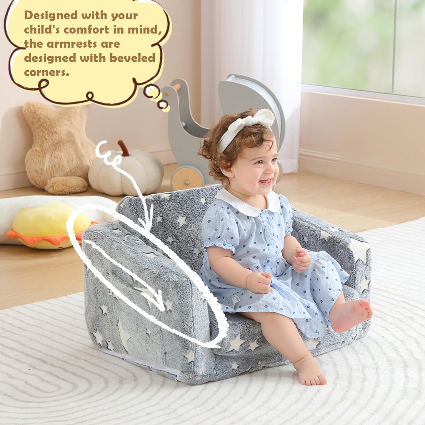 Kids Couch Fold Out, Foldable Toddler Couch with Blanket, Kids Sofa for Girls & Boys, Flip Out Toddler Chair, Convertible Sofa to Lounger for Children Age 1-3 (Glow Star)