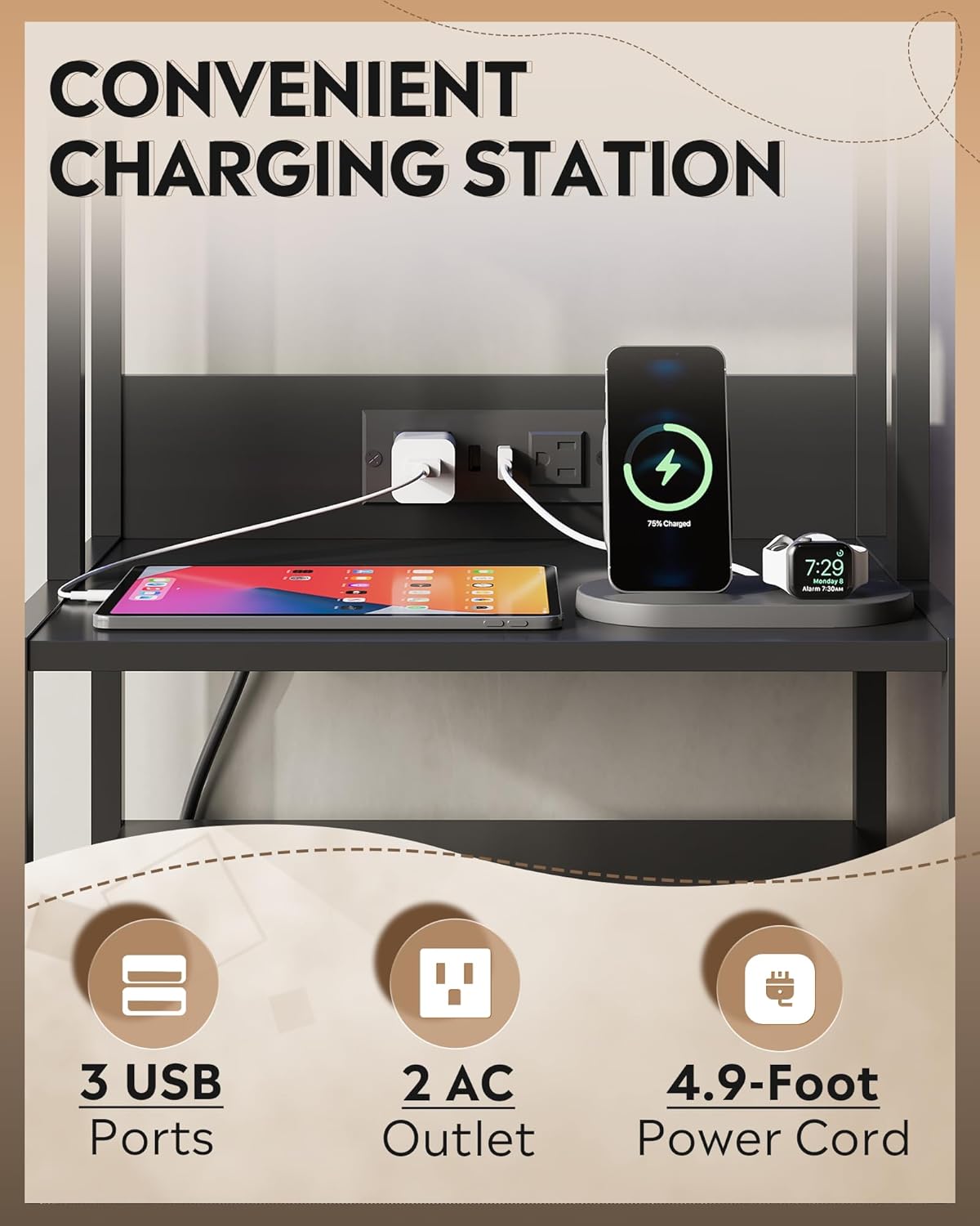 WLIVE Nightstand with Charging Station, LED Night Stand with 2 Drawers and 4 Storage Open Shelves, Fabric Dresser for Bedroom, Black