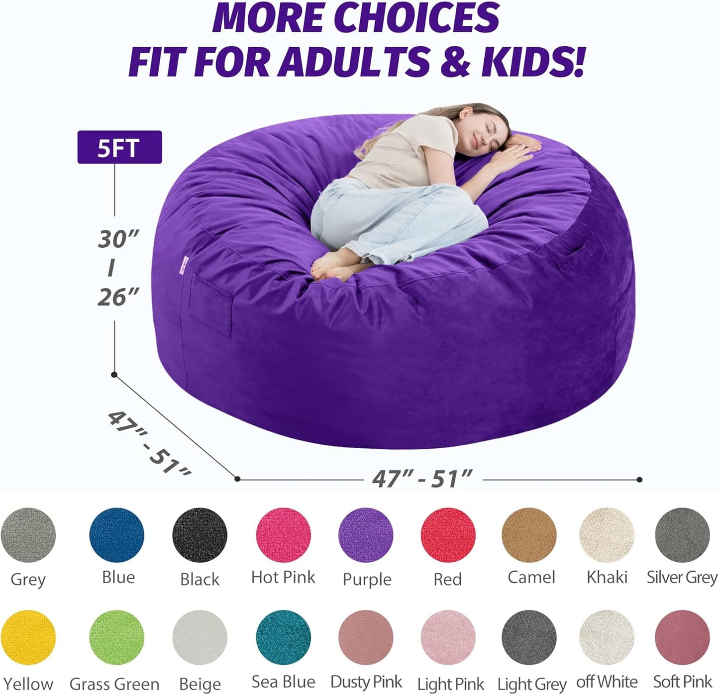 5FT Bean Bag Chair with Ultra Soft Velvet Cover Bean Bag Sofa with Memory Foam Bean Bag Chairs with Large Size Lazy Sofa for Dorm Office Living Room Bedroom Purple 5'