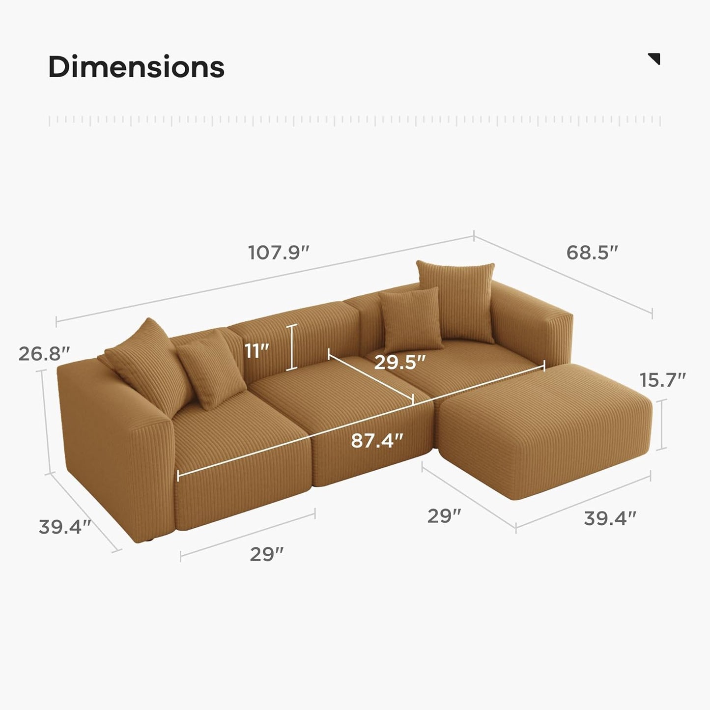 Acanva Convertible Modular Sectional Sofa with Movable Ottomans, Free Combination Corduroy Couch for Living Room Apartments, L-Shaped, Yellow