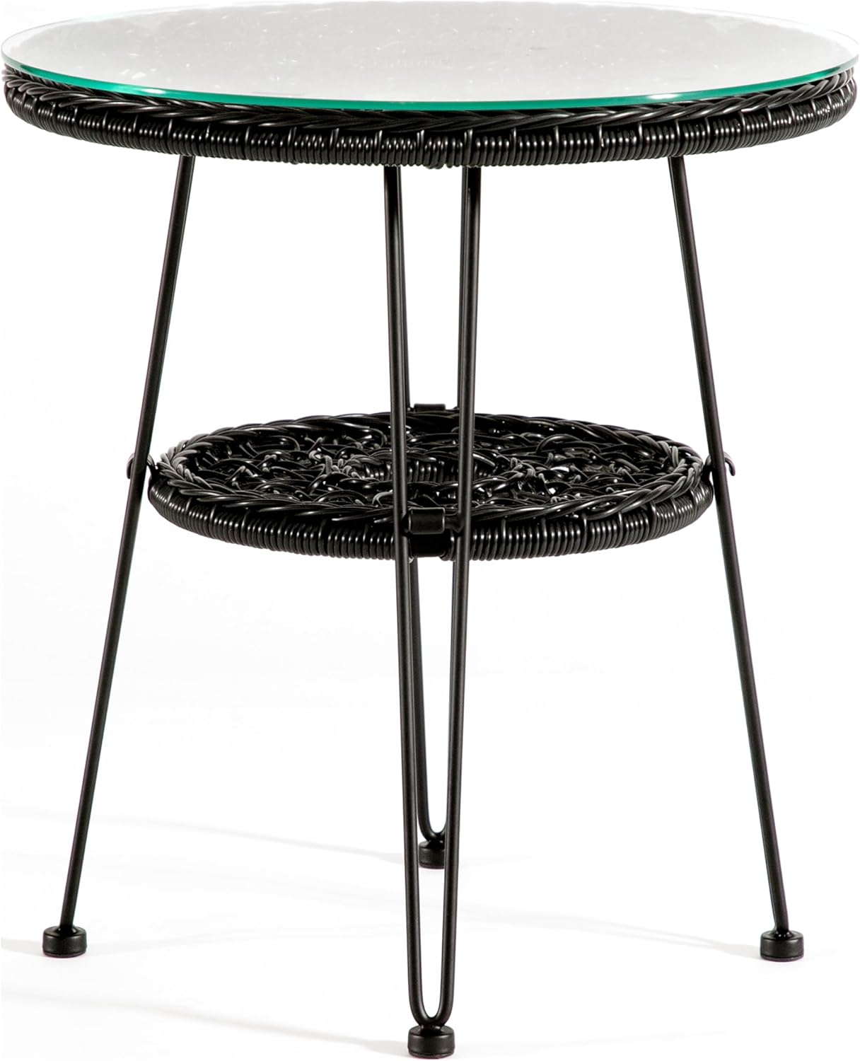 Muse & Lounge Co. Ysar Boho 19-inch Round Coffee Table Outdoor with Tempered Glass Top and Metal Frame, Handcrafted Coastal Furniture for Patio, Poolside, Garden, Yard, Black