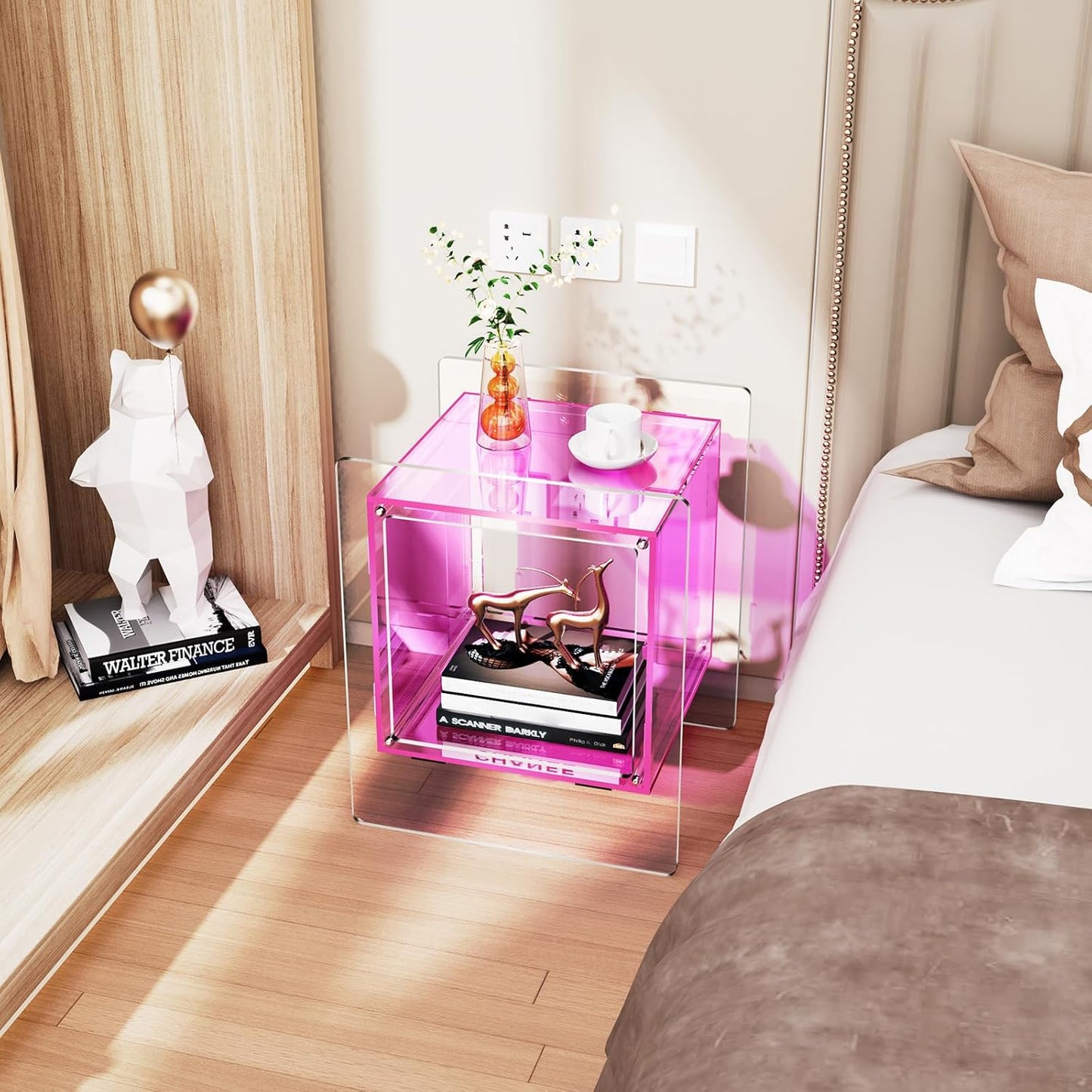 Acrylic Nightstand Colorful Bedside Table with Open Storage Shelf,Clear Side Table for Living Room (1, Pink)