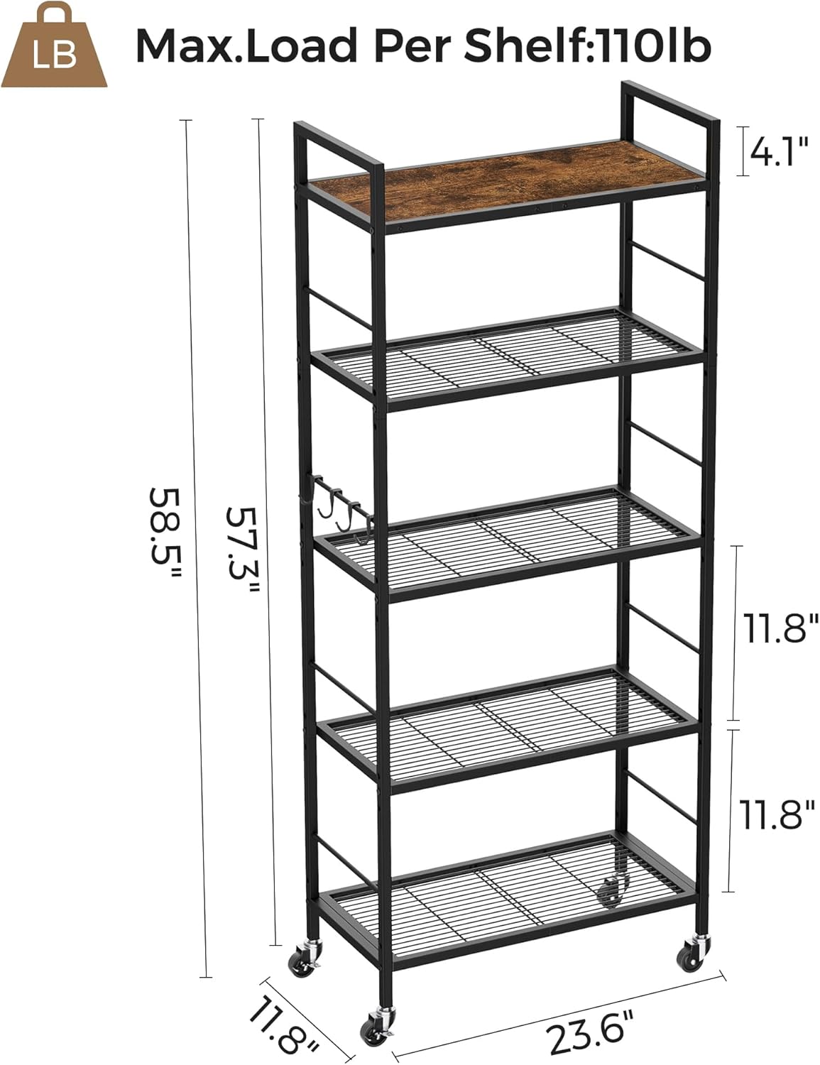 5-Tier Metal Storage Rack with Industrial Wheels,Mesh Shelving Unit with Wooden Table top,Adjustable Shelf,23.6-Inch Width,for Kitchen, Laundry,Pantry,Plant,Black