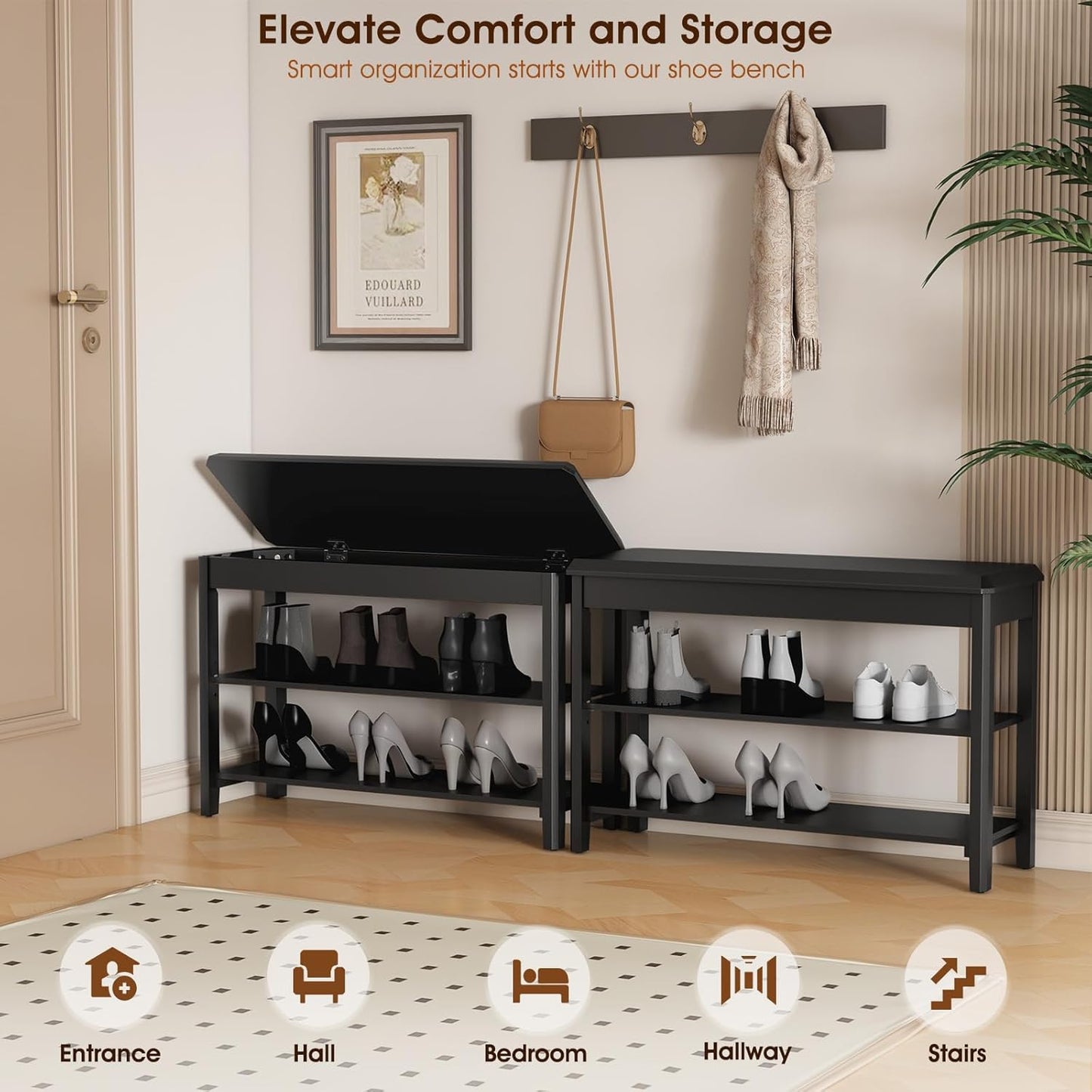 Shoe Rack Bench Seat Rubberwood 2-Tier Wooden Storage Bench 560lbs Compact Mid-Century Modern Design for Entryway, Hallway, Closet, Front Door Entrance, Foyer