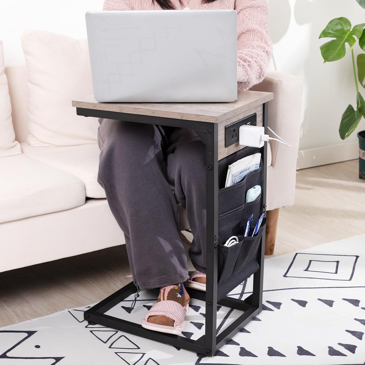 AMHANCIBLE C Shaped End Table with Charging Station, TV Tray Set of 2, Couch Tables with Storage Bag, Slide Under Sofa Side Table with USB Ports and Outlets for Living Room, Grey HET04CGY