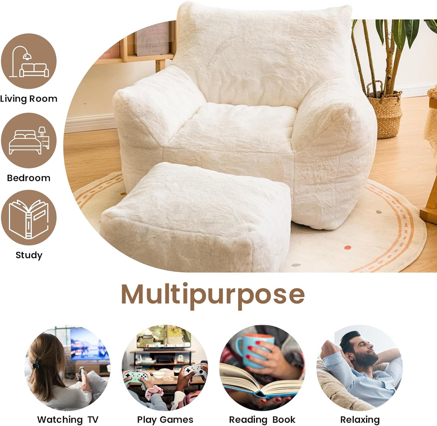 Bean Bag Chair with Ottoman, Armrest Bean Bag Chairs with Filler, Ultra Soft Fluffy Faux Fur Bean Bag Chair with Foot Rest, Plush Lazy Sofa with Foot Stool for Living Room, Dorm