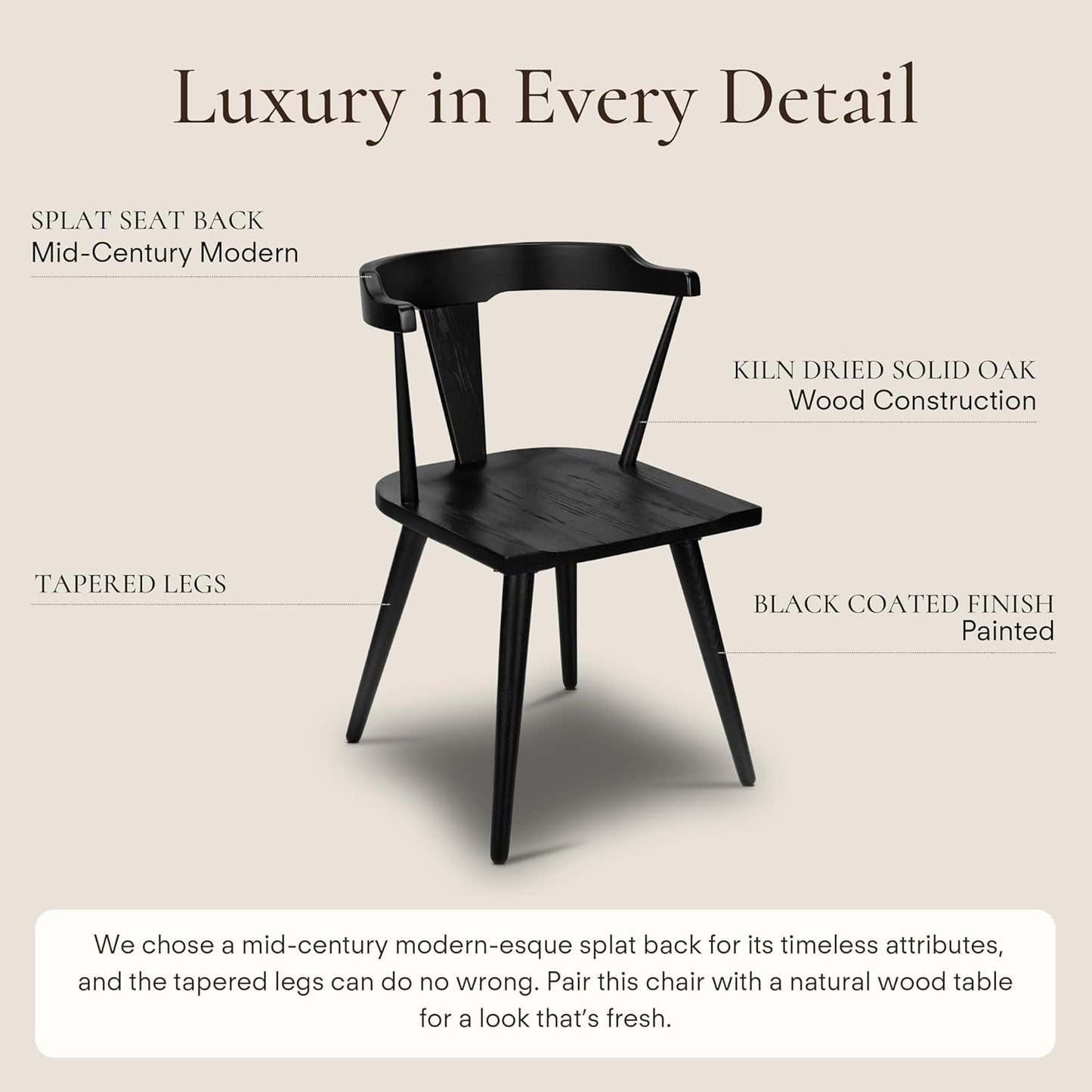 POLY & BARK Mid Century Modern Enzo Black Dining Chair – Solid Oak Wood Splat Back Chair, 18" Seat Height, 32" Tall – Stylish MCM Kitchen & Dining Room Chair - Set of 4