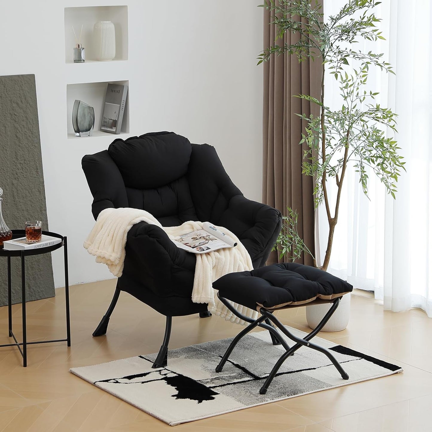 Modern Lazy Chair with Folding Footrest, Lounge Accent & Comfortable Reading Chair (Black)
