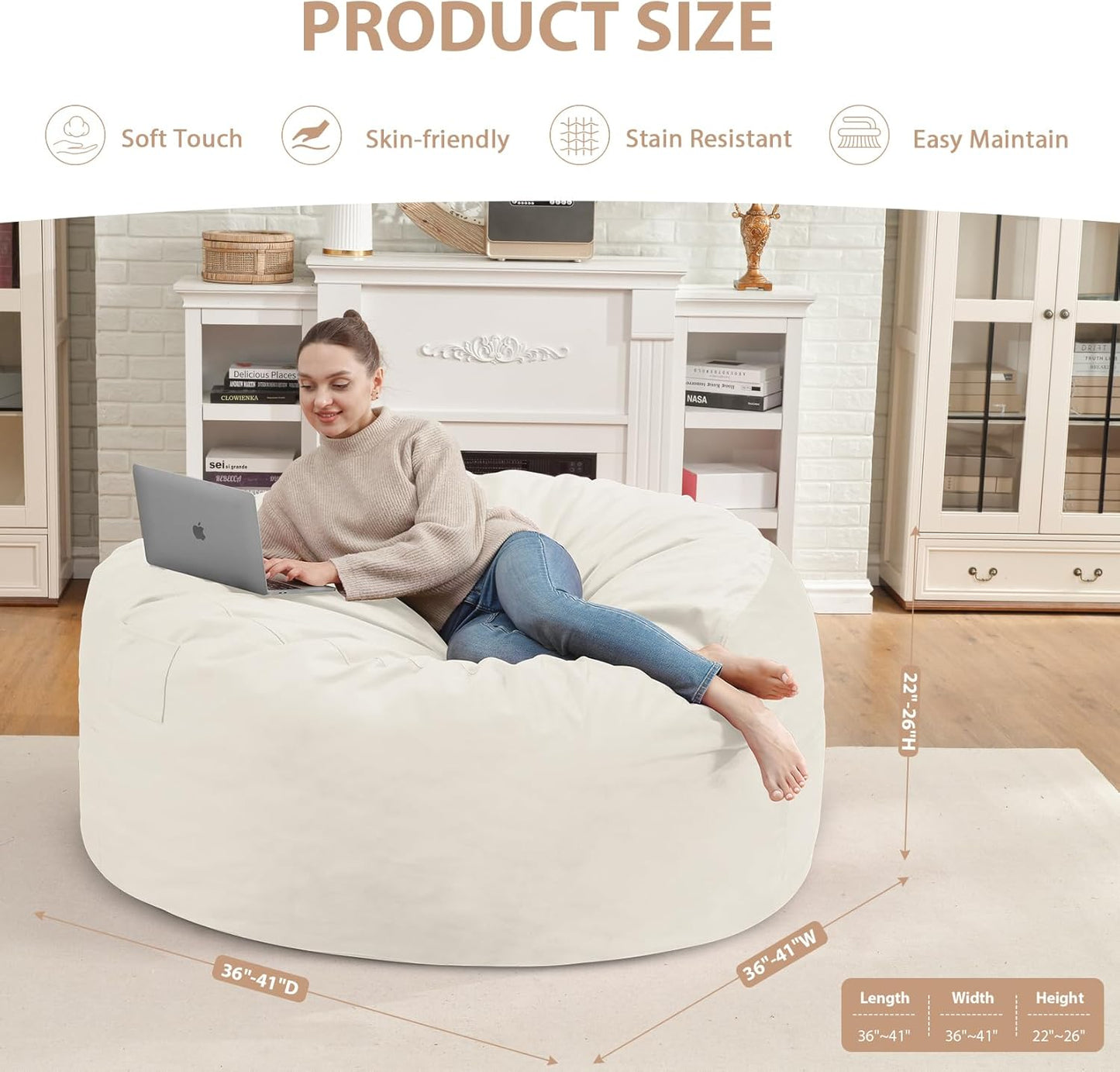 3FT Bean Bag Chair, Comfy Bean Bag Chairs with Memory Foam Filled, Fluffy Beanbag Sofa with Dutch Velvet Cover, Round BeanBag Chairs for Living Room, Playroom - Beige