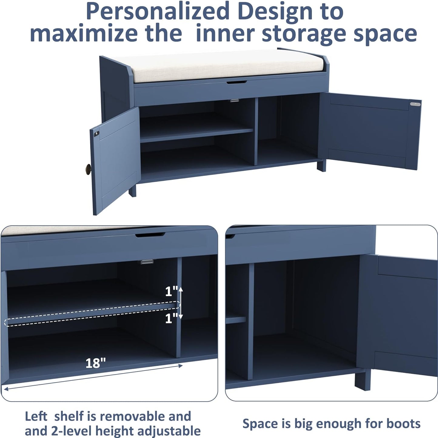 HOMEFORT 30" Shoe Bench with Lift Top Storage, Entryway Bench with Cushioned Seat, Wooden End of Bed Bench, Shoe Cabinet Bench with Hidden Storage Space, for Bedroom, Hallway, Blue