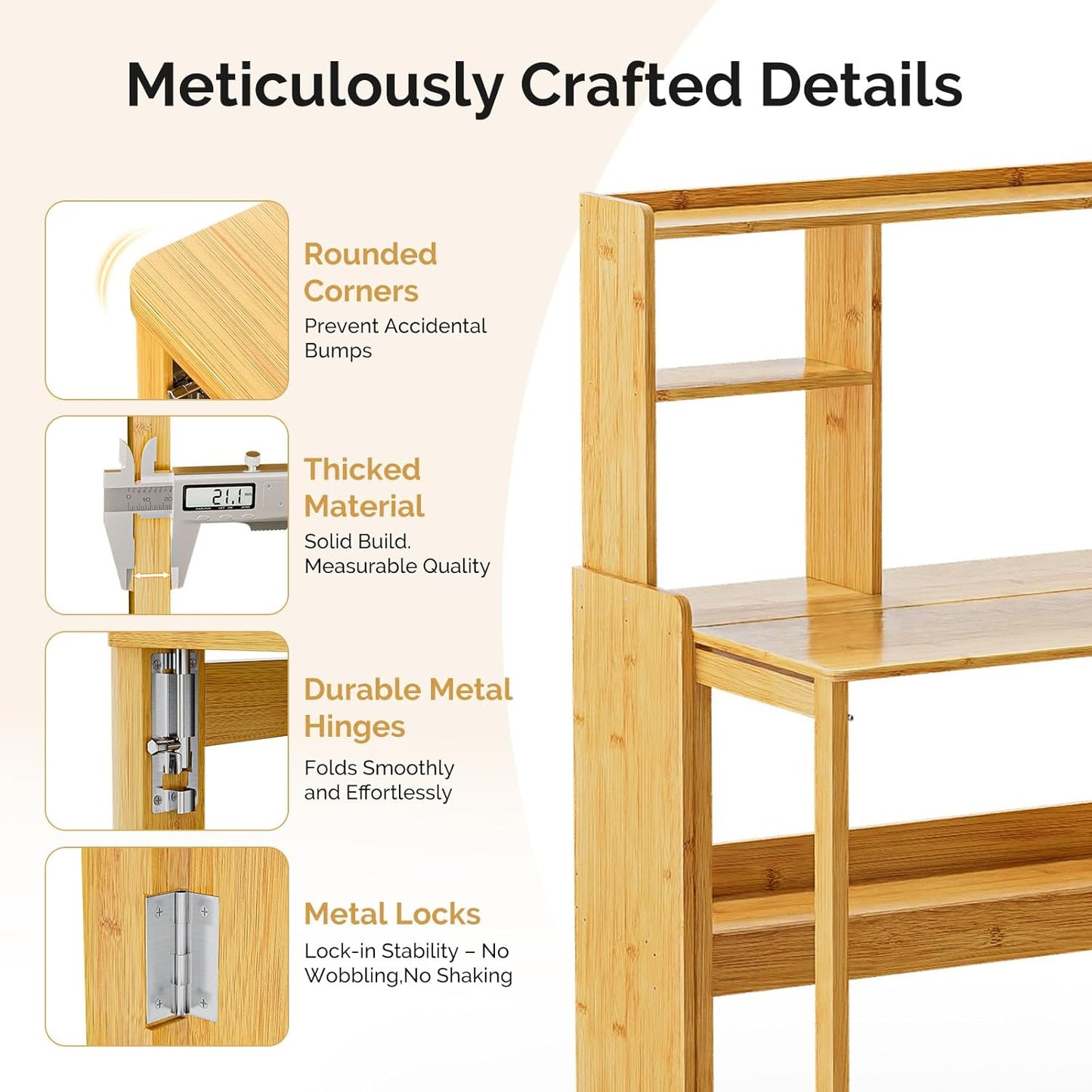 31.1" Bamboo Folding Desk with Bookshelf, Compact Computer Desk for Small Spaces, Foldable Study Desk with Storage Shelf, Space-Saving Home Office Desk for Bedroom, Dorm, Apartment,Natural