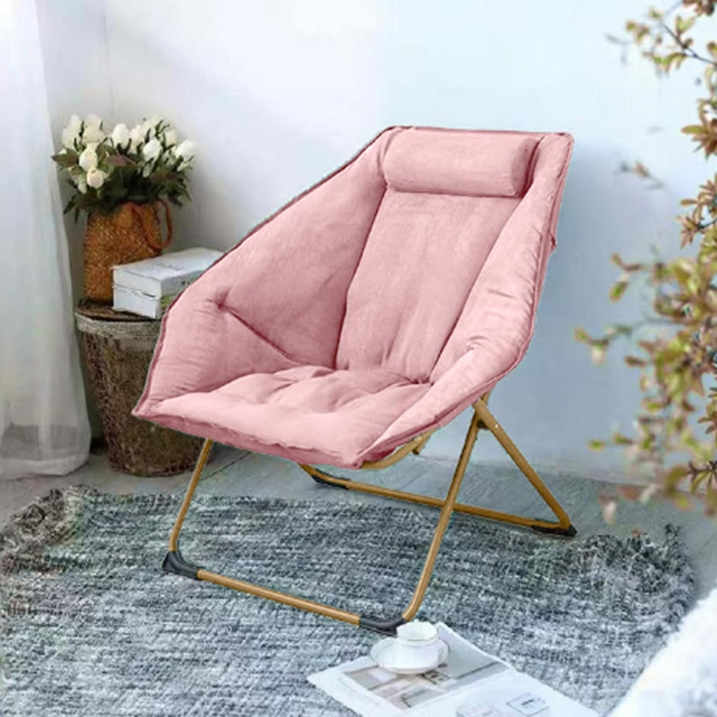 Hexagon Foldable Living Room Chair, Saucer Chair for Adults, Comfy Bedroom Lounge Chair, Moon Chair, Lazy Folding Chair for Dorm Rooms(Chair-Pink)