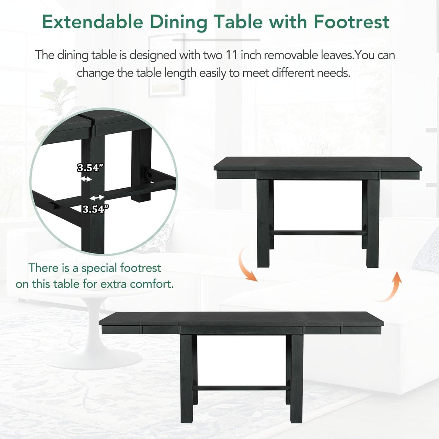 Ball & Cast Farmhouse 6 Piece Extendable Dining Table with Footrest,Living Room Furniture w/ 4 Upholstered Dining Chairs & Dining Bench,2 11" Removable Leaf,for Dining Room & Kitchen,Black+Beige