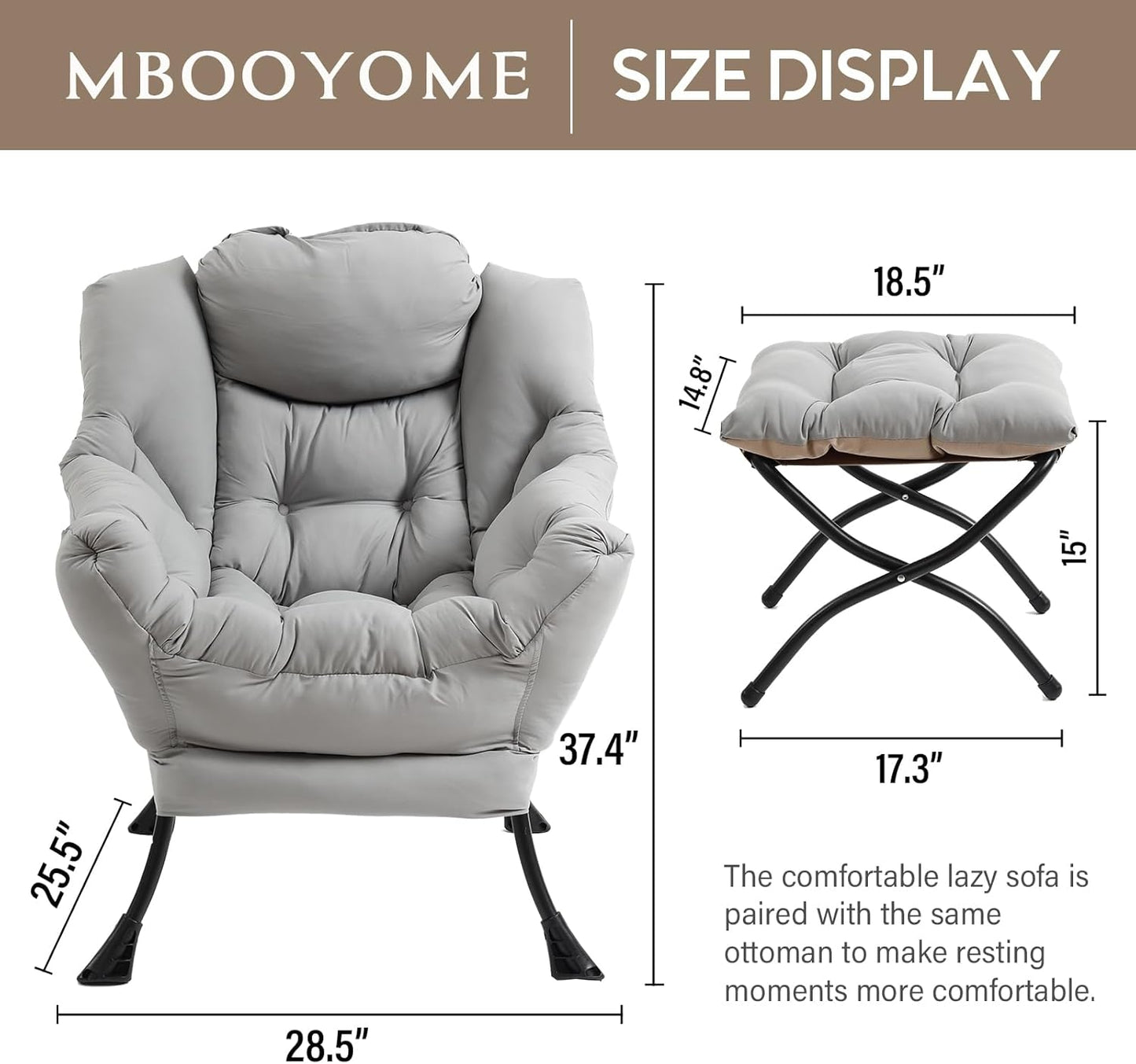 Lazy Chair with Folding Ottoman, Modern Accent Lounge Armchair with Armrests and a Side Pocket & Foldable Footstool, Leisure Reading Chair for Living Room, Bedroom, Dorm & Office, Light Grey