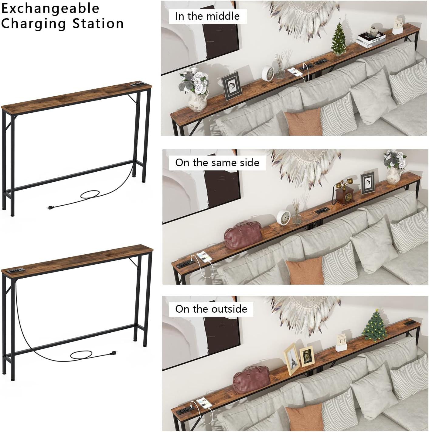Tohomeor Skinny 5.9" Console Table 47.24" Narrow Long Sofa Table with Power Outlets USB Ports Industrial Wooden Entry Table for Entryway Living Room Hallway (Brown, L-94.4xW-5.91)