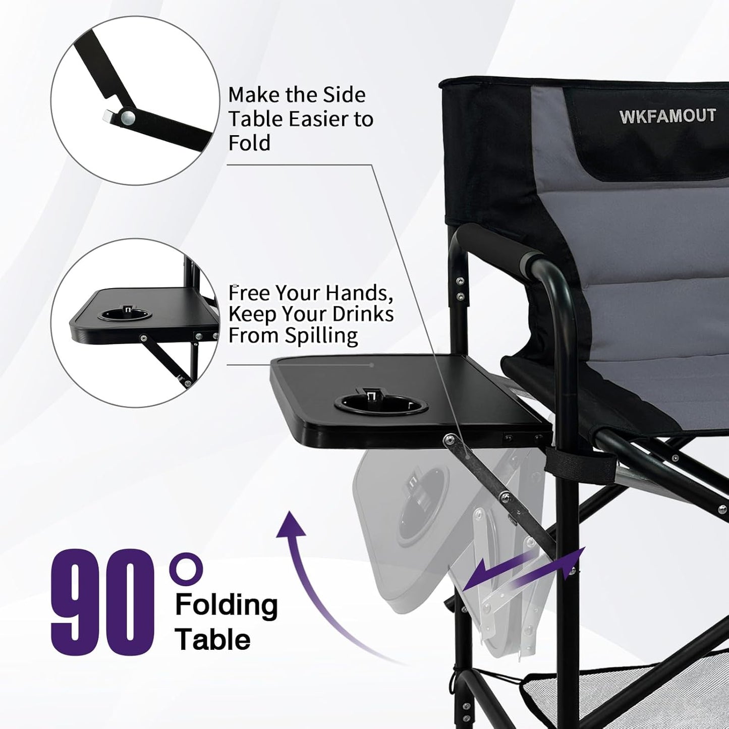 Tall Folding Directors Chair with Side Table 30.71" Seat Height Foldable Camping Chair Bar Stool for Makeup Artist Face Painting with Footrest and Storage Pocket Supports 350LBS