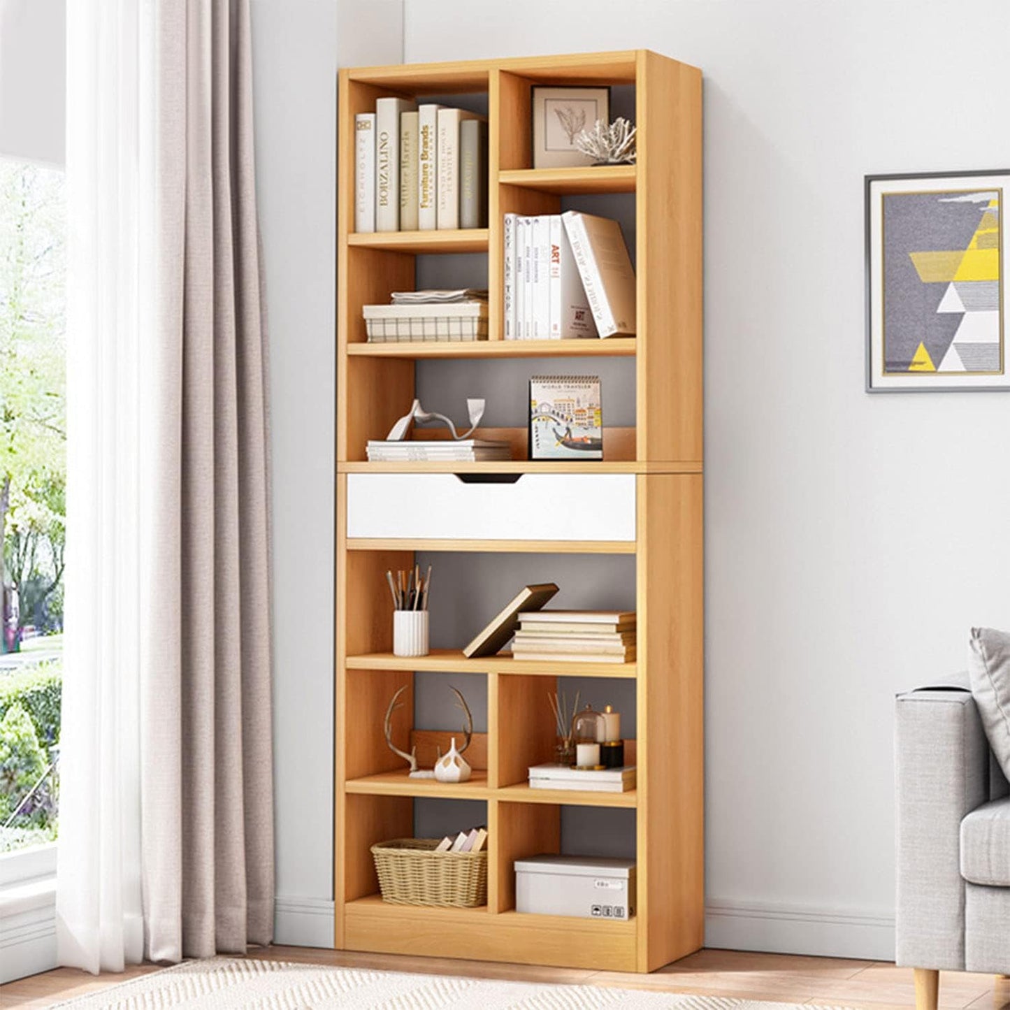 IOTXY Wooden Open Shelf Bookcase - 71 Inches Tall Freestanding Display Storage Cabinet Organizer with 10 Cubes and a Drawer, Floor Standing Bookshelf in Maple Yellow