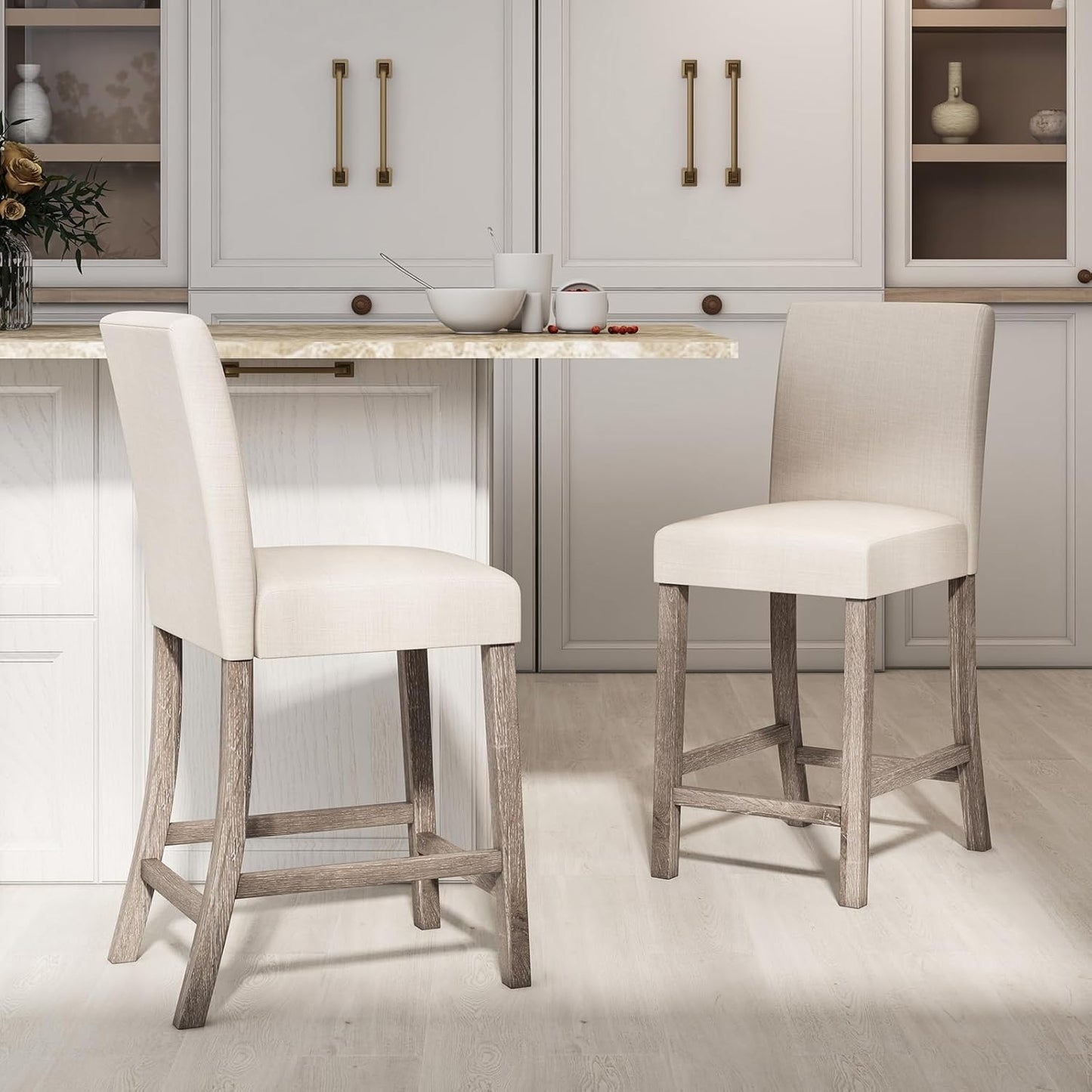 COSTWAY Upholstered Counter Height Stools Set of 2, Bar Stools w/Ergonomic Backrest, Solid Wood Frame, 24.5” Fabric Counter Height Chairs for Kitchen Island, Dining Room, Pub (Beige)