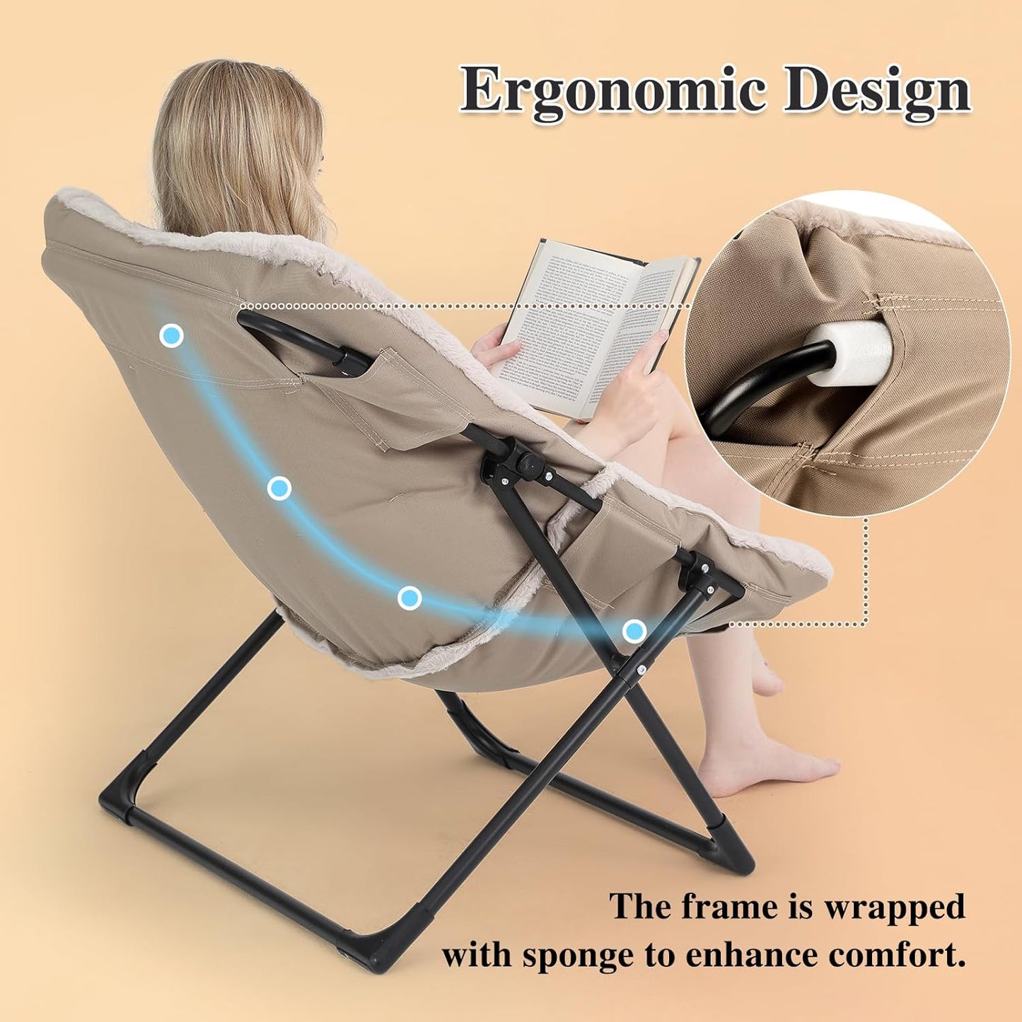 Comfy Saucer Chair for Adults, Soft Faux Fur Bedroom Chair, Accent Dorm Chairs, Flexible Living Room Reading Chairs, Oversized Folding Lounge Seat for Teens, X-Large, Light Khaki