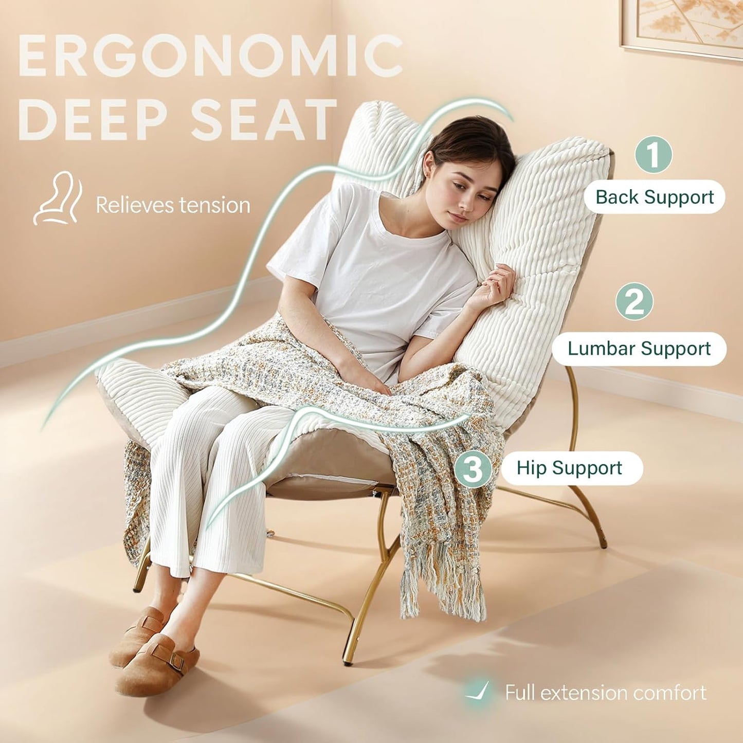 Welnow Accent Lounge Lazy Chair, Comfy Soft Leisure Metal Frame Reading Chair, Upholstered Thick Cushion Seated Recliner Sofa for Living Room, Bedroom, Dorm, Navy