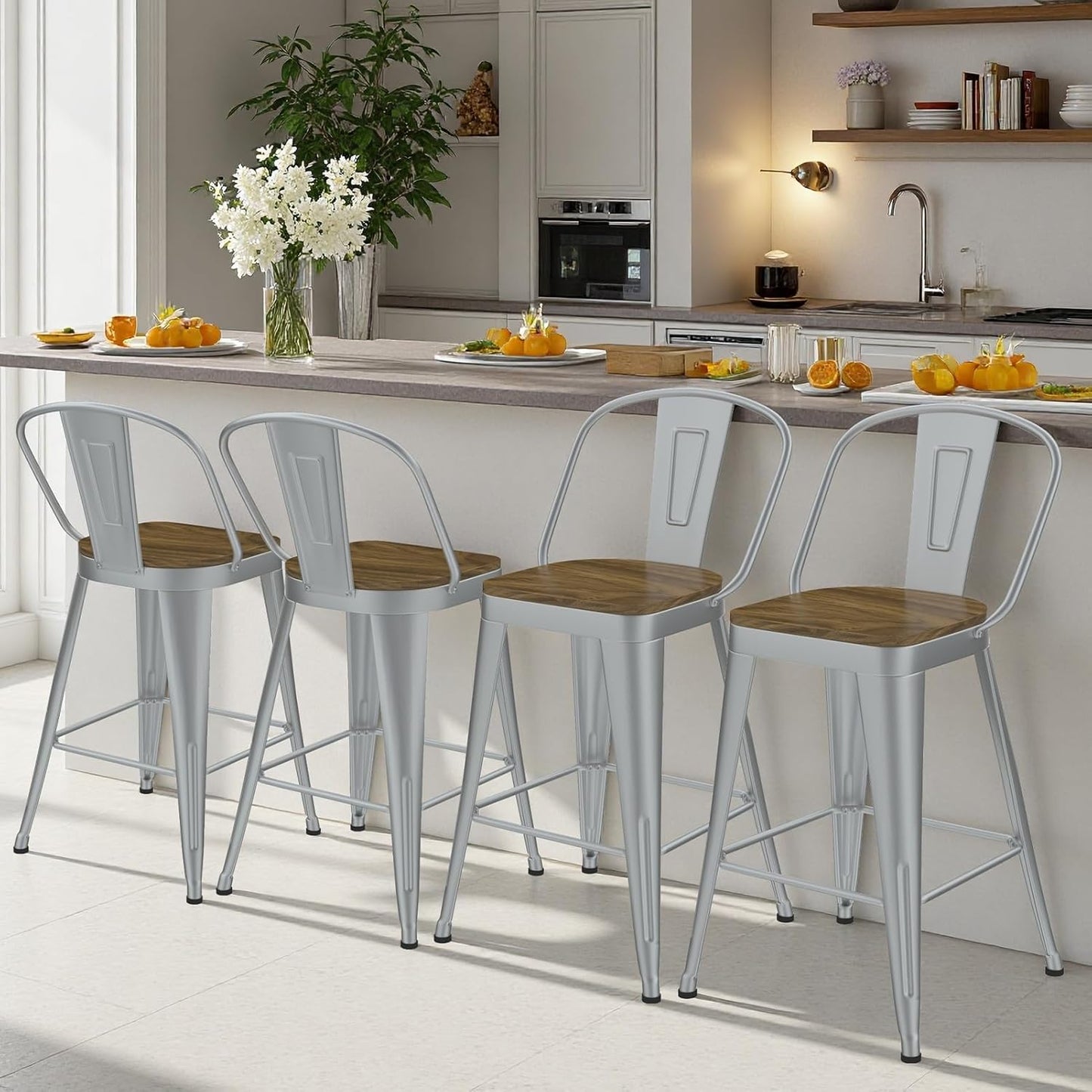 Metal Bar Stools Set of 4, High Back Bar Stools with Wooden Seat, 26 inch Silver Barstools for Kitchen Island