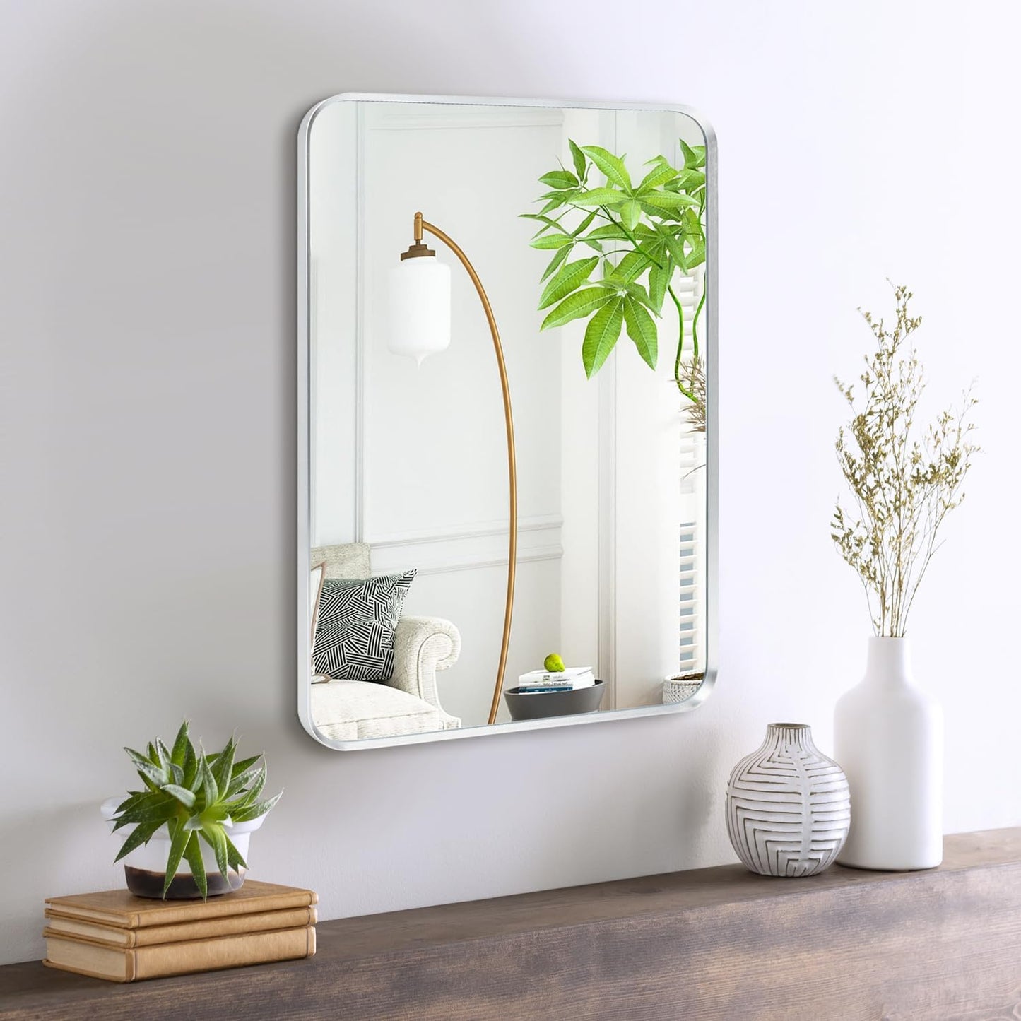 Wall Mount Small Mirror, Brushed Silver Metal Framed Rounded Corner Rectangular Makeup Mirror for Bathroom, Bedroom, Living Room (12" x 16", Silver)