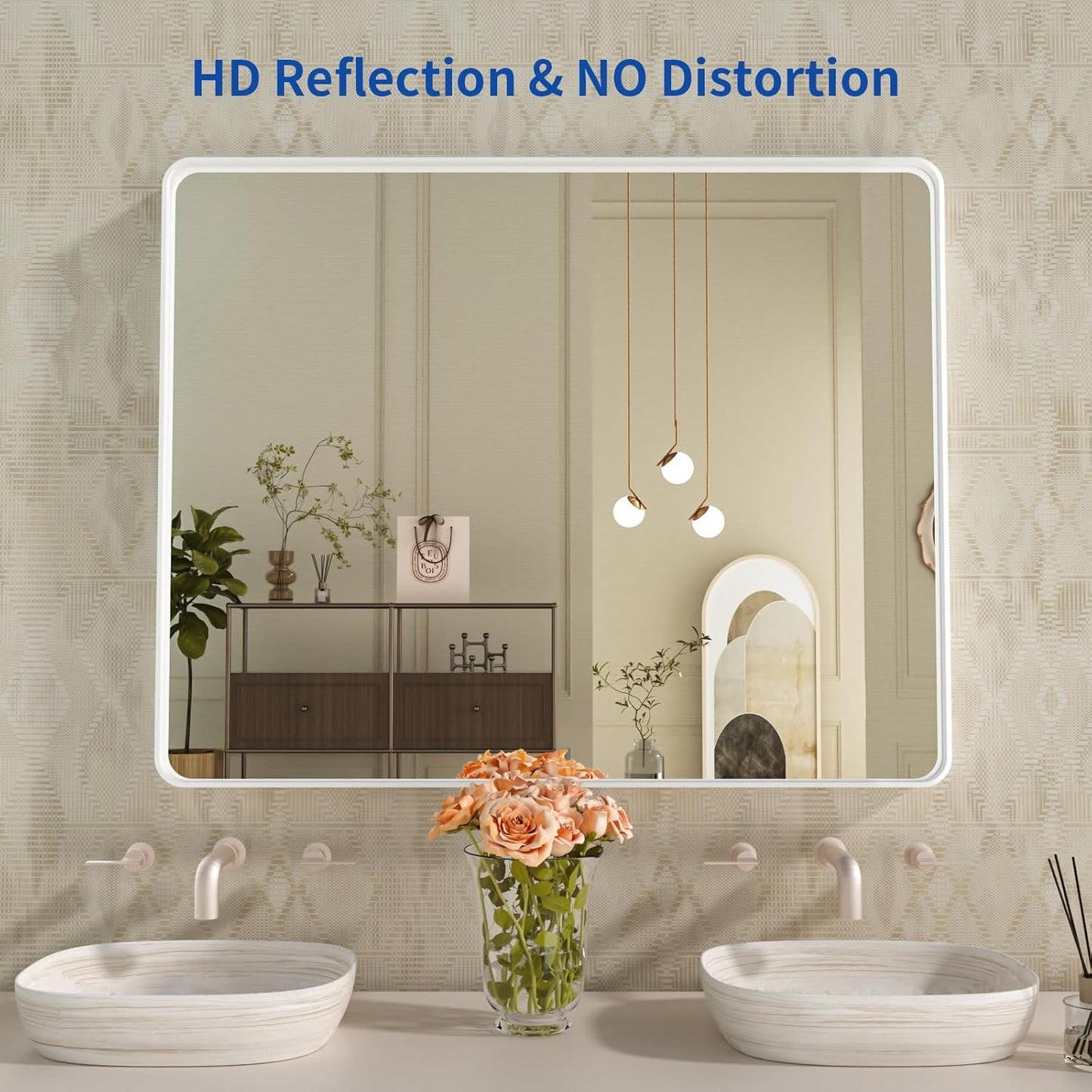 WEER White Bathroom Mirror 40X32 Inch, Rounded Rectangle White Metal Frame Mirror, Matte White Bathroom Vanity Mirror with Tempered Glass, Anti-Rust, Hangs Horizontally or Vertically
