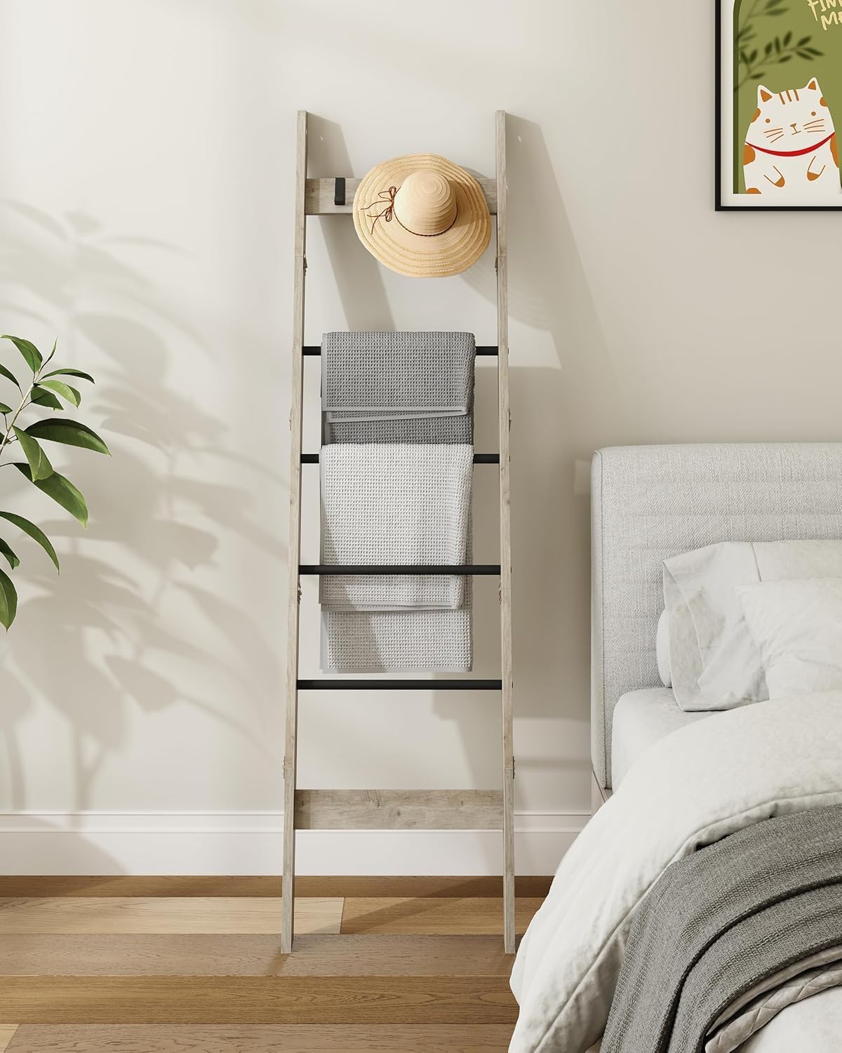 Blanket Ladder for Living Room, Decorative Quilt Rack with 4 Removable Hooks, 6-Tier Farmhouse Ladder Holder Shelf Organizer for Bedroom, Greige and Black BR31505B