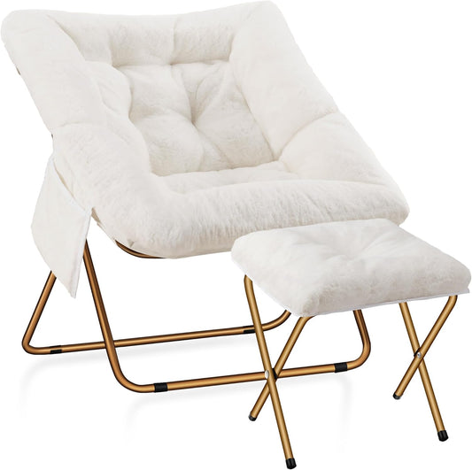 Comfy Saucer Chair for Adults, Foldable Living Room Chairs, Soft Faux Fur Lounge Chair for Bedroom, Reading Chairs, X-Large (Ottoman-White)