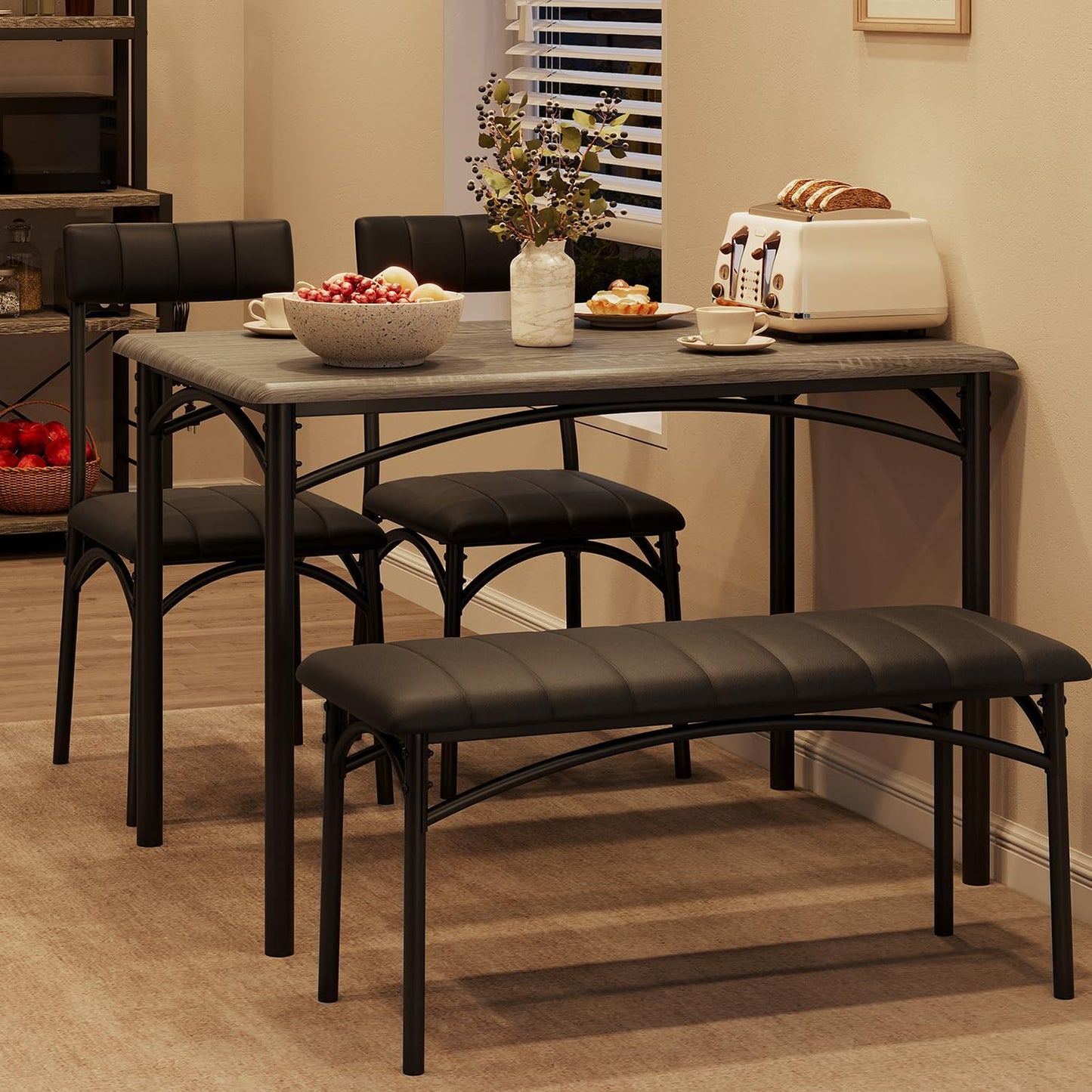 GAOMON Dining Table Set for 4 with Upholstered Bench and 2 Chairs, Rectangular Dining Room Table Set for 4 for Small Space, Apartment, Dinner, Rustic Gray