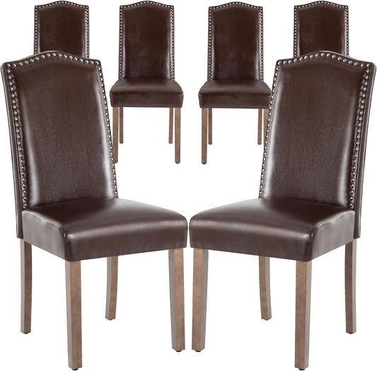 Stylish Upholstered Parsons Dining Chair PU Faux Leather with Silver Nailhead Trim and Sturdy Solid Wood Legs
