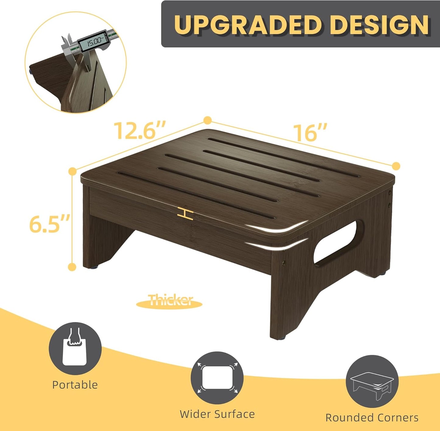 Wooden Step Stool for Adults & Kids, Non-Slip Rubber Feet, 6.5 Inch High, Lightweight Small Step, 400 Lbs Capacity, Bed Step Stool for High Bed, Bathroom & Kitchen, Walnut