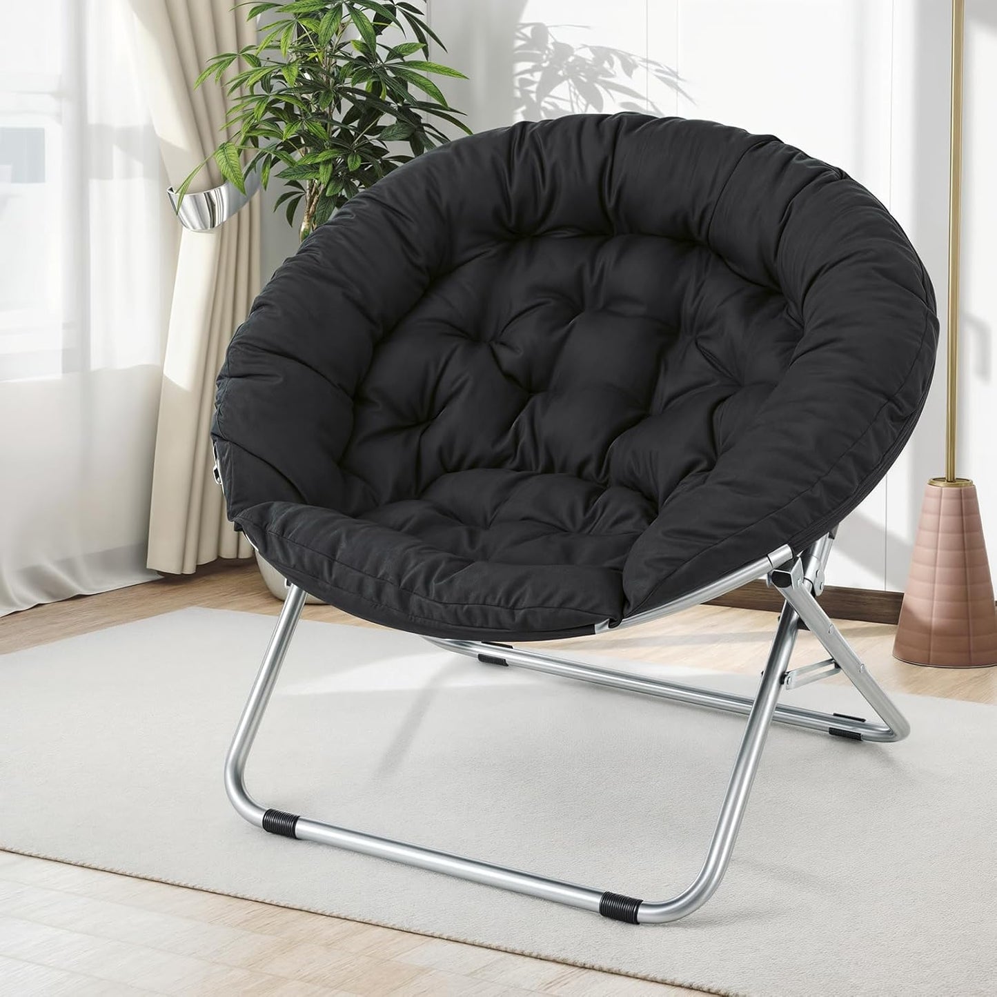 MoNiBloom Round Folding Saucer Chair for Bedroom Living Room Dorm Foldable Metal Frame Comfy Soft Lounge Lazy Cozy Moon Chair for Teens (Black)