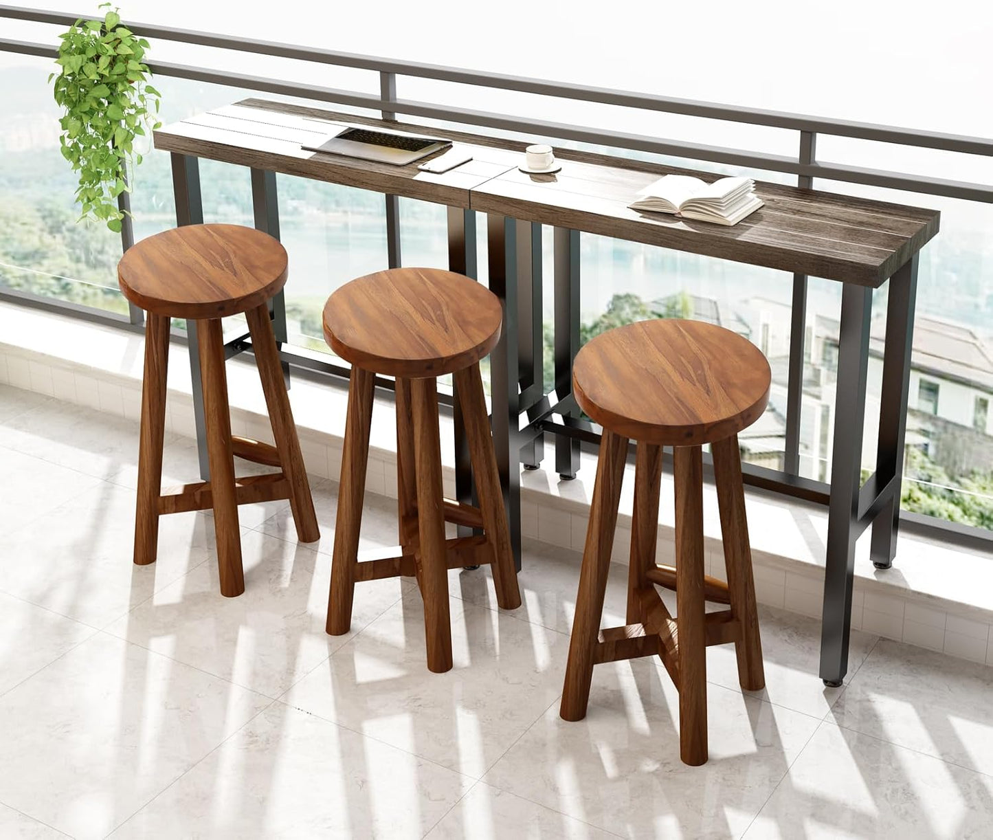 Bar Stool with Round Seat for Kitchen Island Counter, Solid Teak Wood Barstool in Espresso Finish, Home Bar Furniture, 29-Inch Height